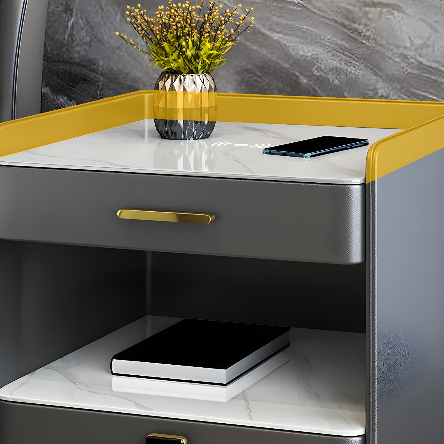 Stone Bed Nightstand Open Storage Bedside Cabinet with Drawers thumbnail 9