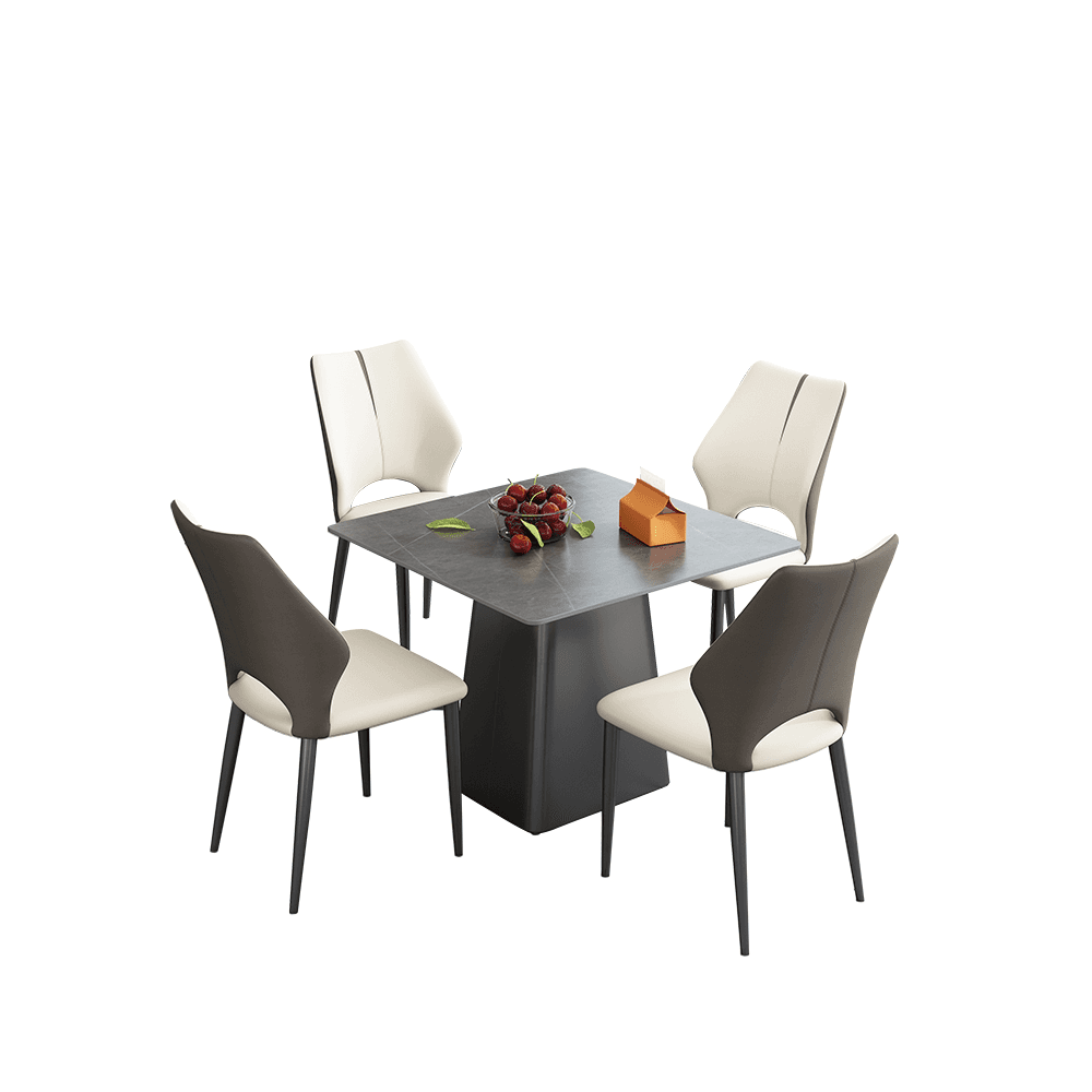 5-piece Square Slate Dining Table Set with Stump Base, Upholstered Back, Padded Chair for 4 People thumbnail 5