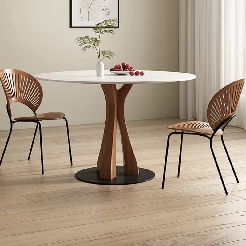 White Stone Round Modern Dining Table with Ash Wood Pedestal Base thumbnail 3