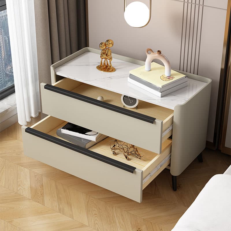 Modern Faux Leather Top Nightstand with Two Drawers and Stone Countertop thumbnail 9