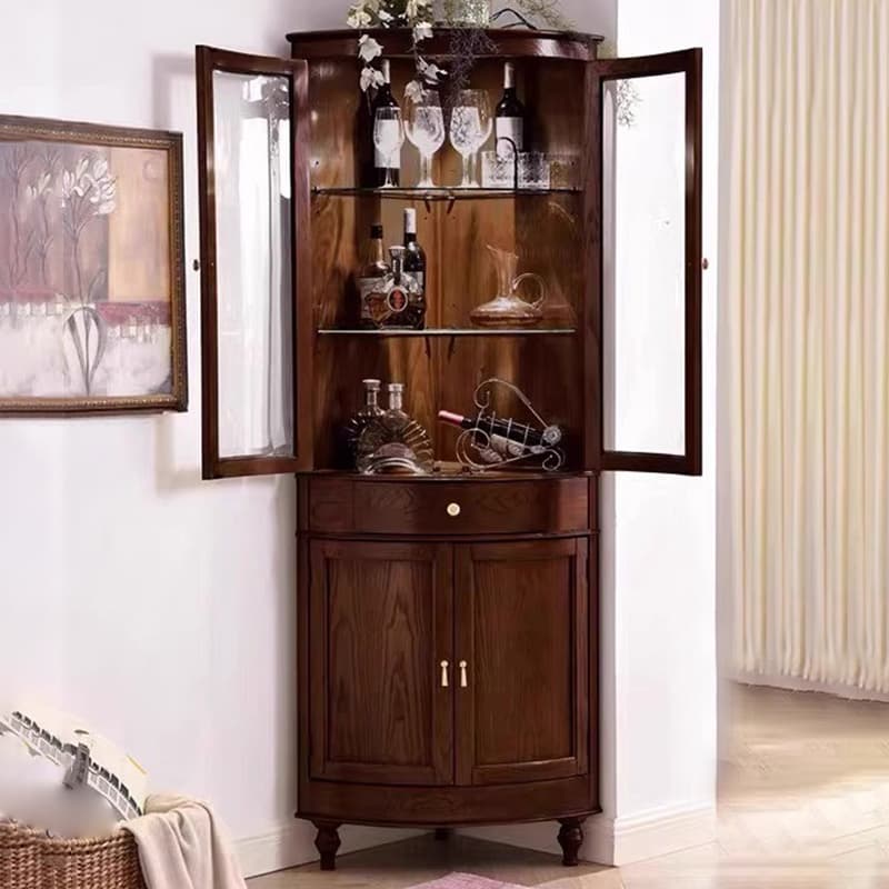 Corner Accent Cabinet with Storage Drawer, Closet, Glazed Door, Cabinet Knobs, Brown Top, and LED Lighting thumbnail 4
