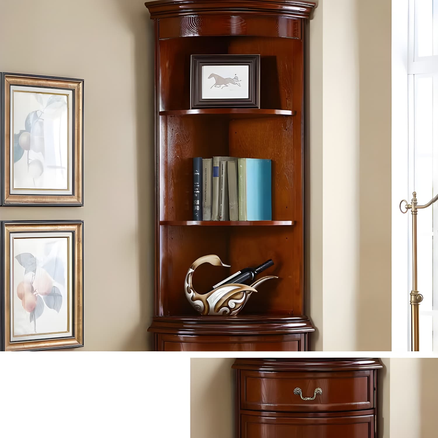 Corner Mid-Century Modern Accent Cabinet with Wood Countertop and Glass Doors thumbnail 9