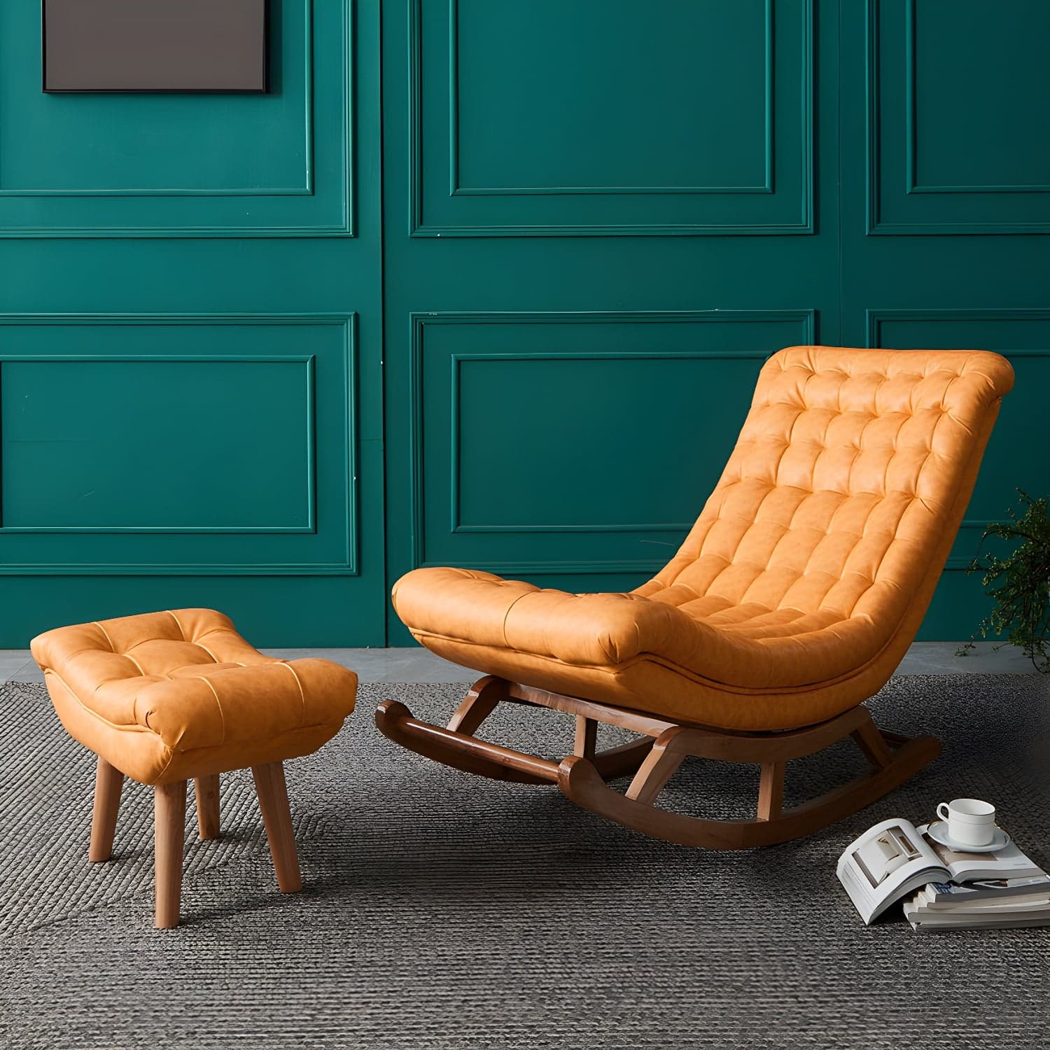 Indoor Leisure Chaise Chair Modern Wooden Upholstered Rocking Chair thumbnail 4