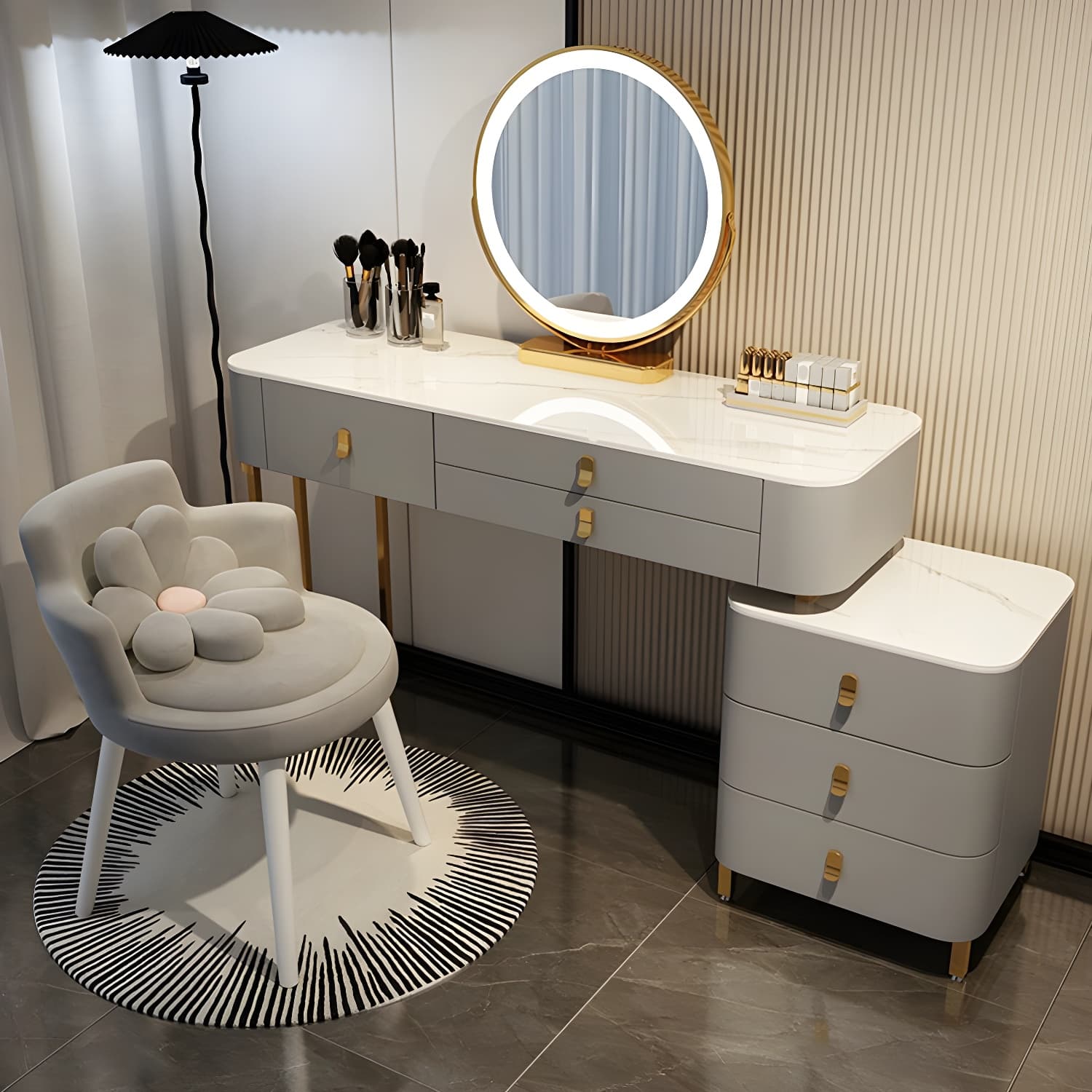 Contemporary Make-up Vanity with Stone Top and Storage Drawers thumbnail 5