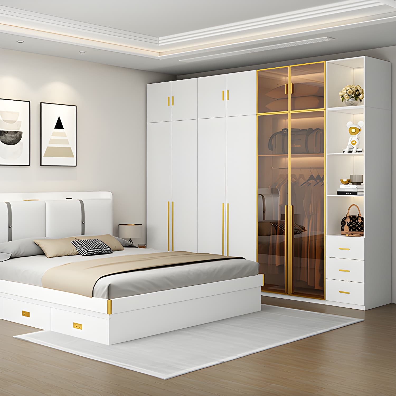 Modern White Wood Frame Wardrobe Armoire Freestanding Wardrobe with Soft Close Drawers thumbnail 4
