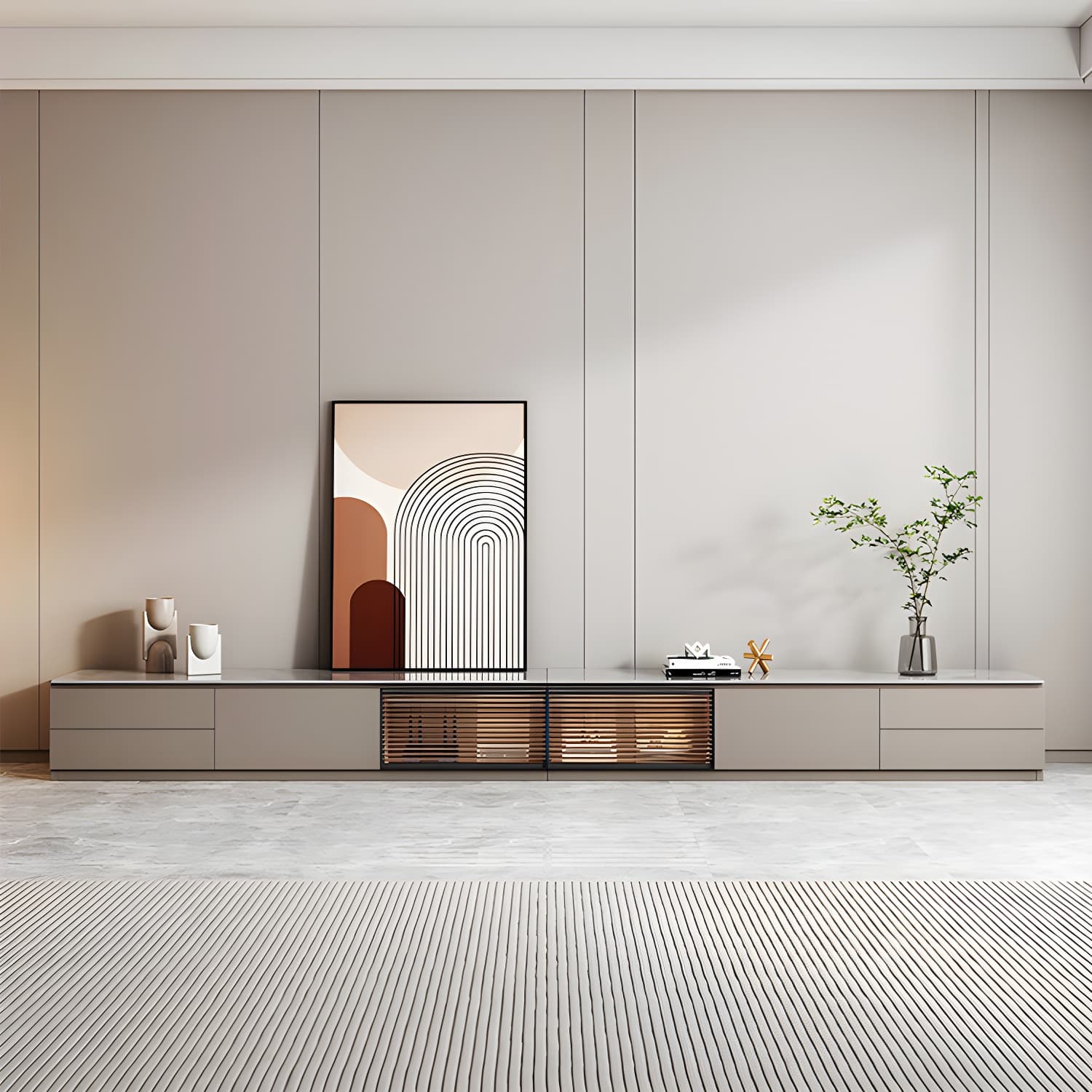 Champagne Stone TV Stand with Drawers and Cabinet for Modern Style and Cable Management thumbnail 2