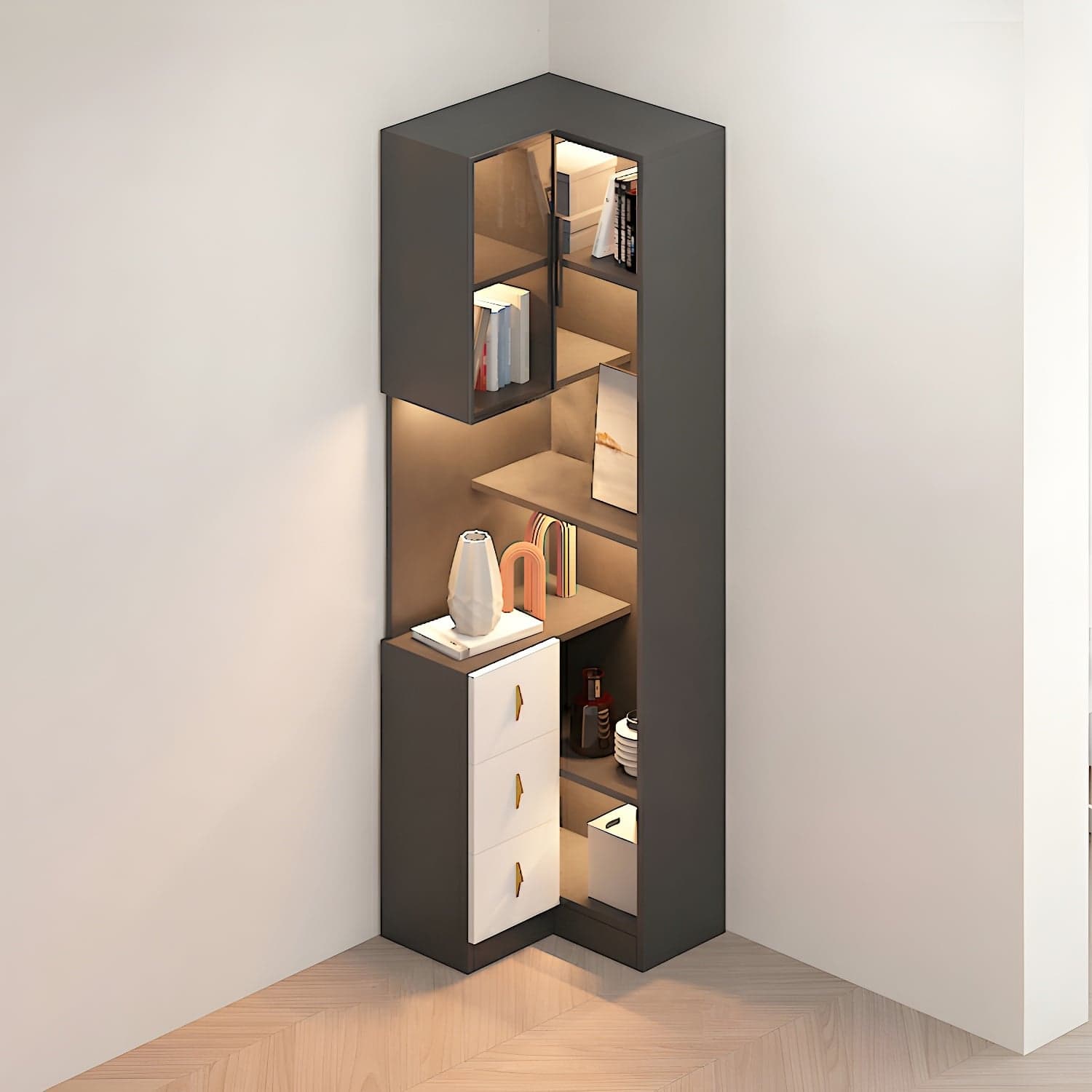 Corner Modern Accent Cabinet with Wood Counter Top, Glass Doors, Drawers, and Adjustable Shelves thumbnail 1