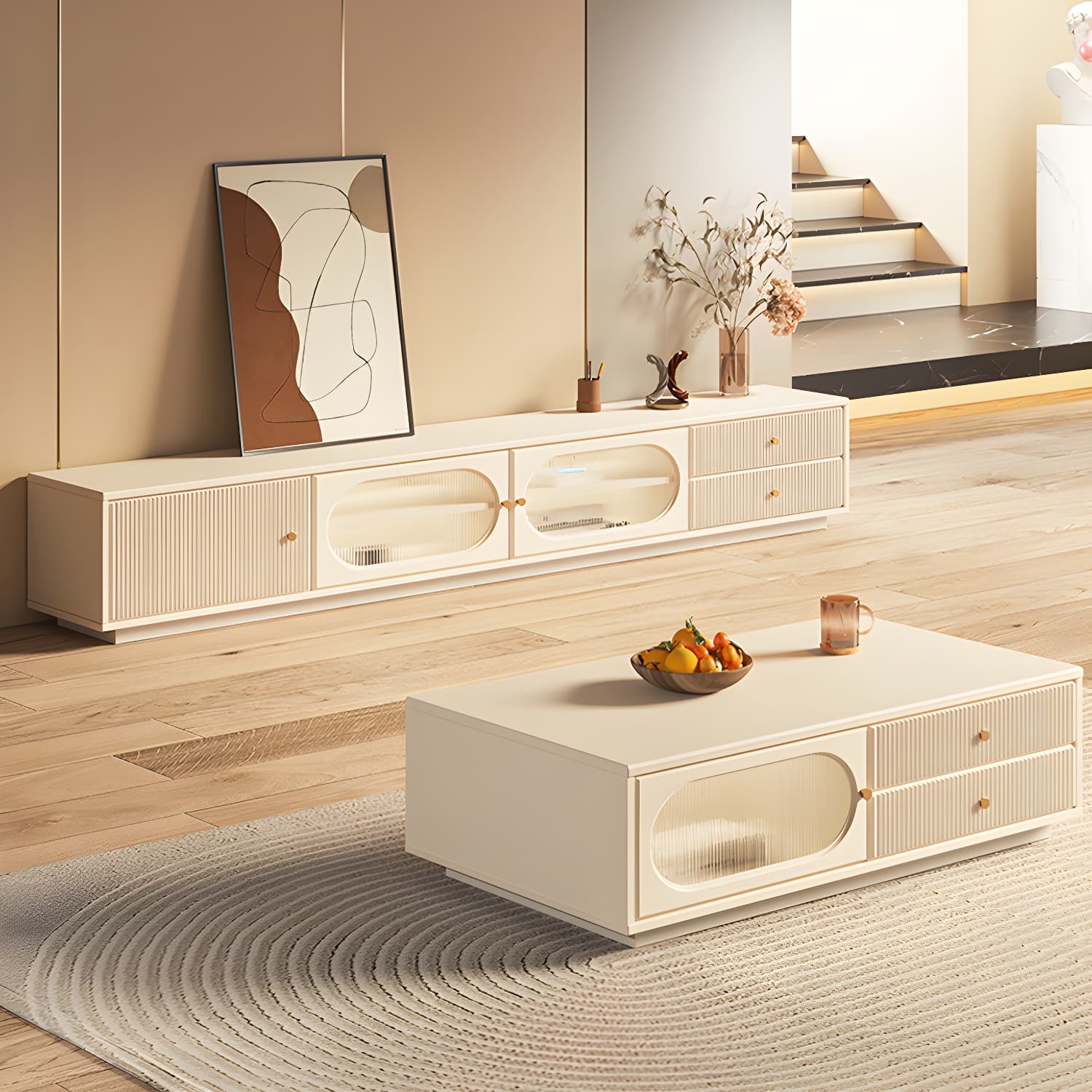 White Cable Management TV Console Modern Engineered Wood Media Console thumbnail 4