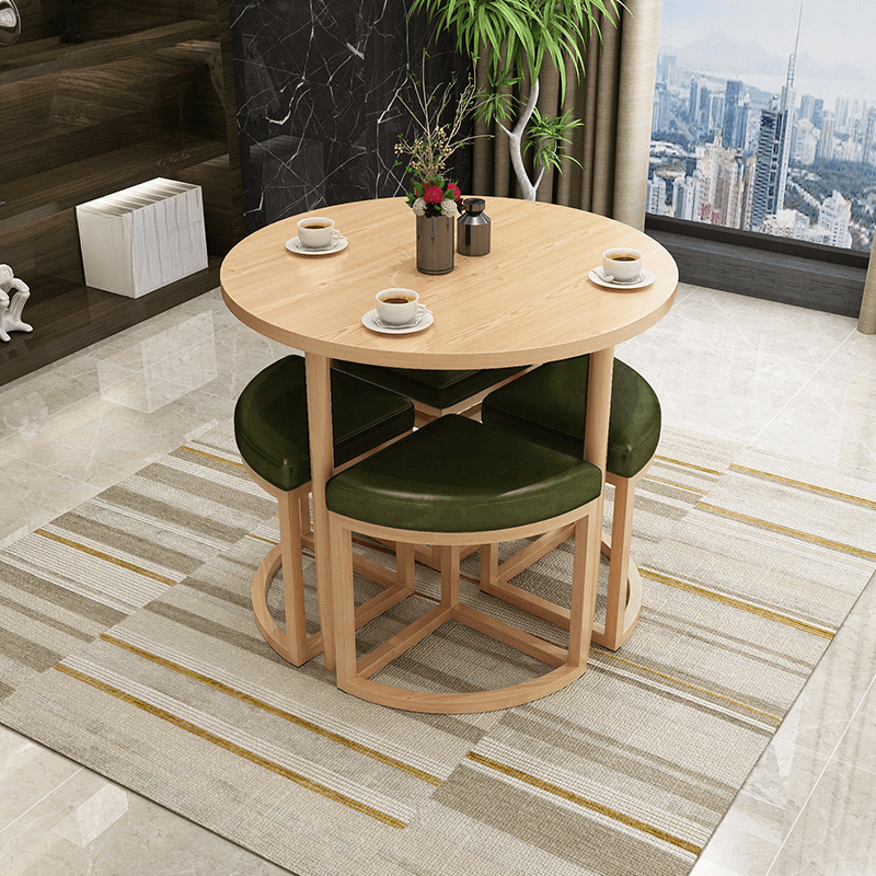 Reclaimed Wood Round Dining Table Set with Metal Toboggan Base and Upholstered Backless Chairs for 4 People thumbnail 17