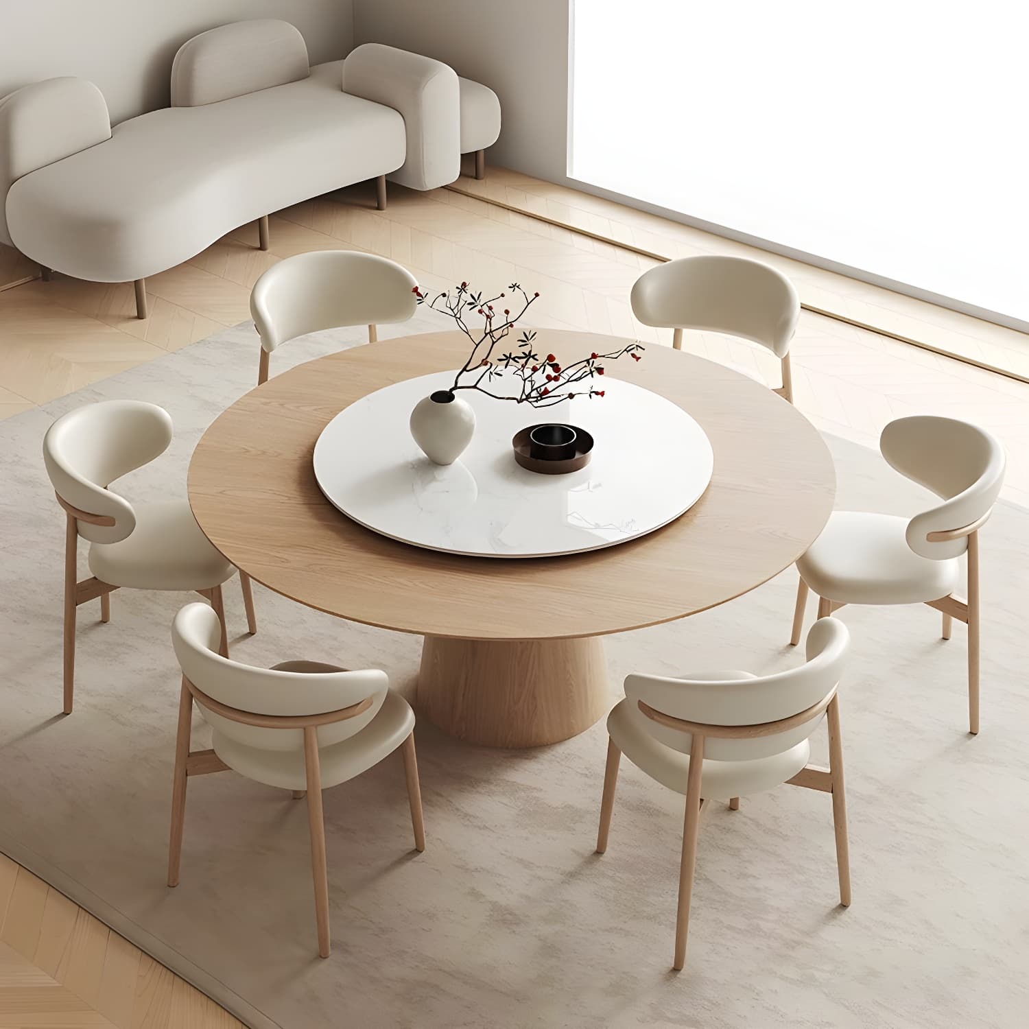 Solid Wood Round Top Dining Table Set with Cushioned Chair for Home thumbnail 2