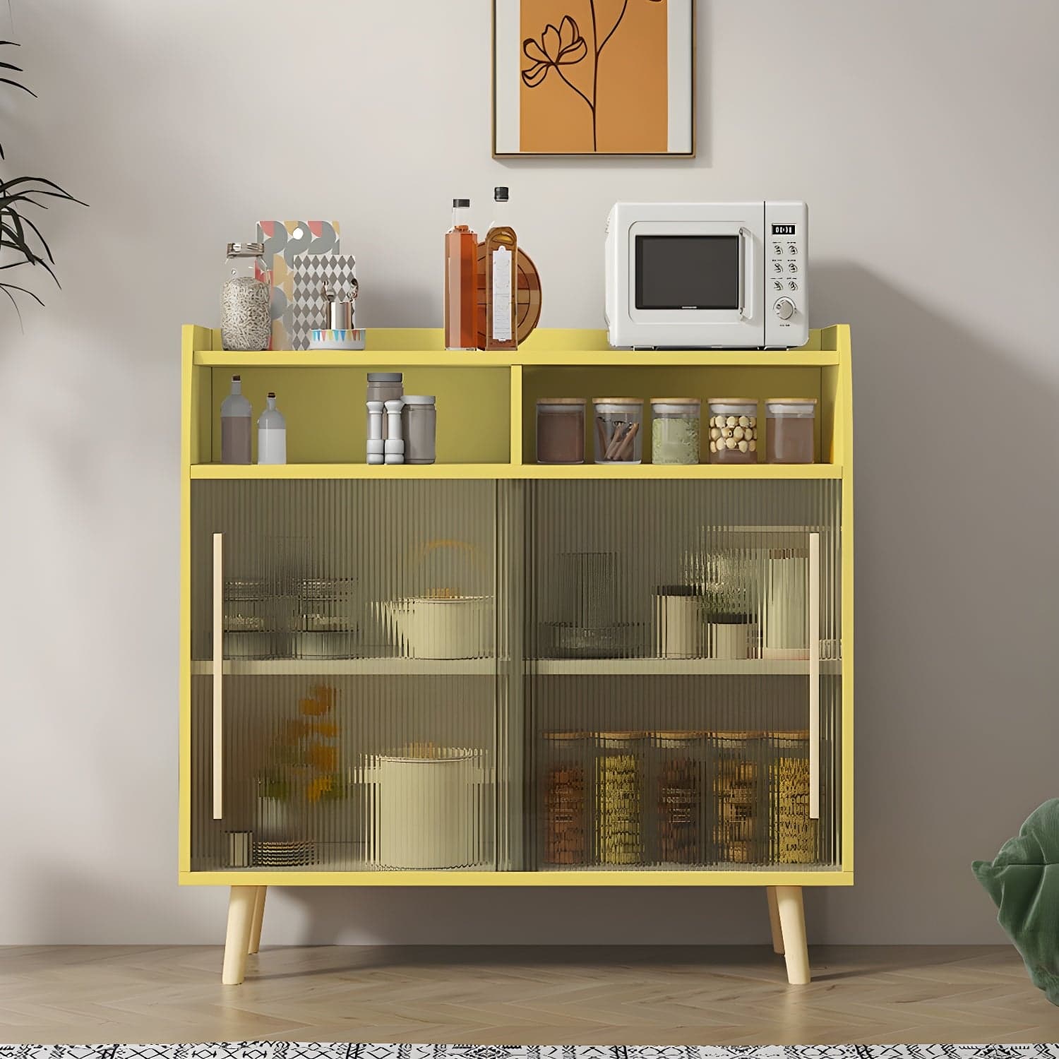 Scandinavian Wood Sideboard Credenza with Acrylic Doors and Cabinet Storage thumbnail 3
