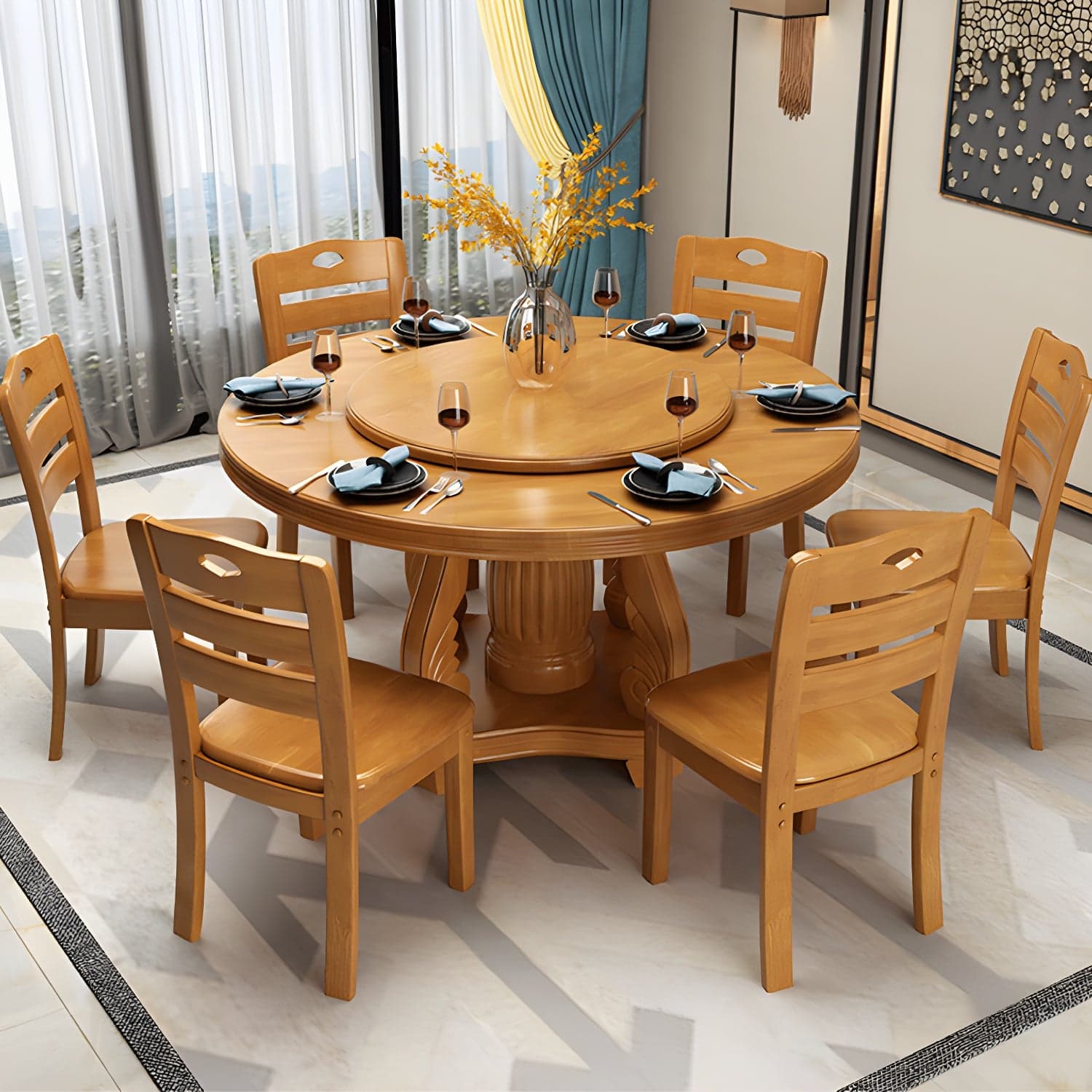 Contemporary Turntable Pedestal Dining Table Wood Dinner Table for Home thumbnail 3