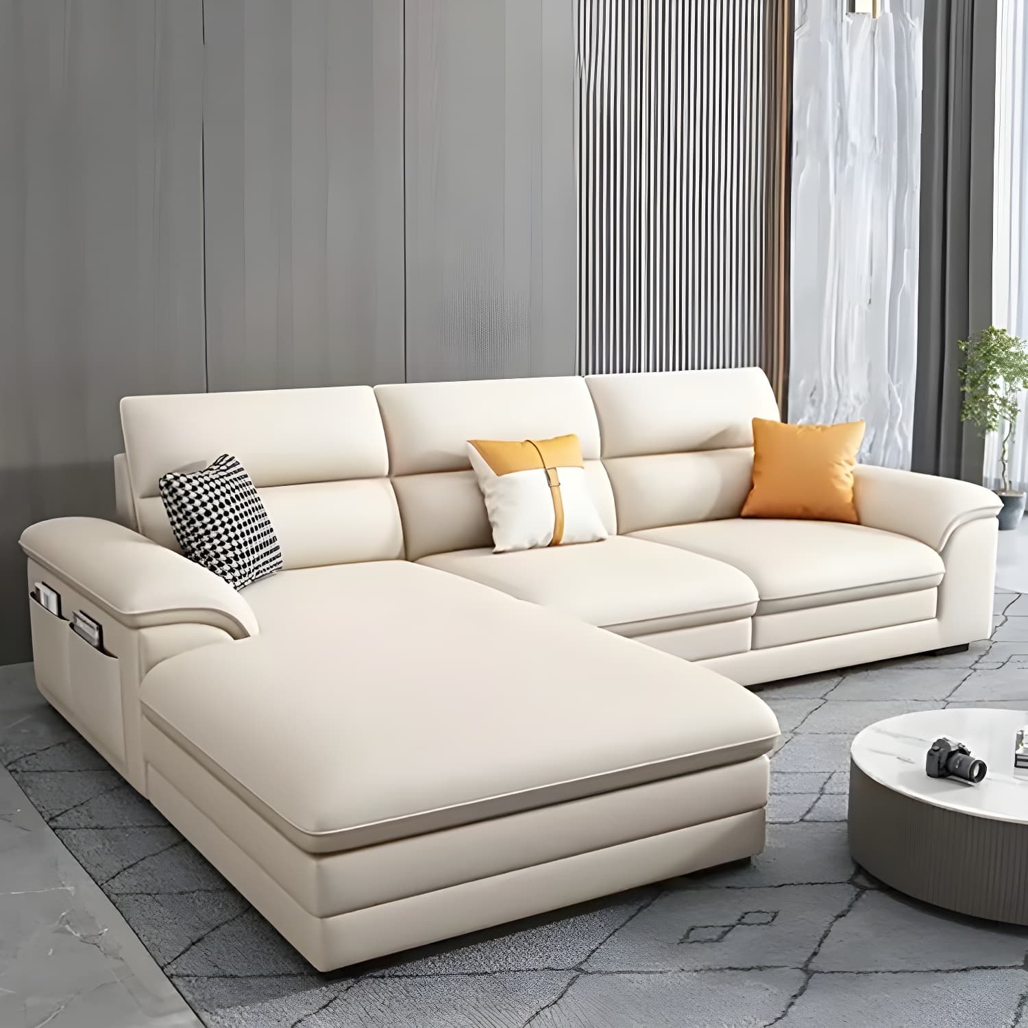 Modern Beige Stationary Sectional Sofa in Scratching Cloth with Wood Frame and Pillow Top Arms thumbnail 2