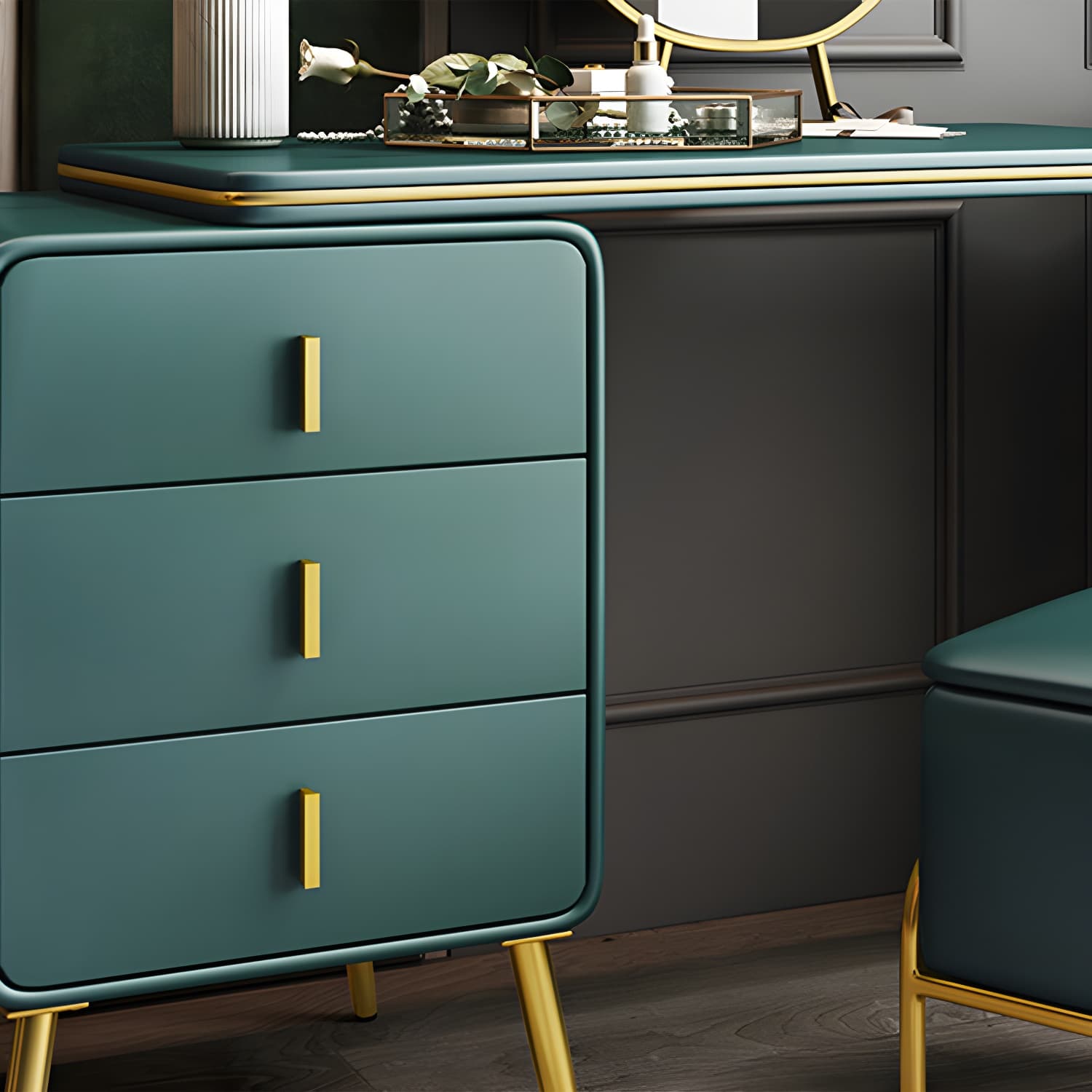 3 Drawers Make-up Vanity Set, 28.74" H Leather Vanity with Stool & Mirror thumbnail 15