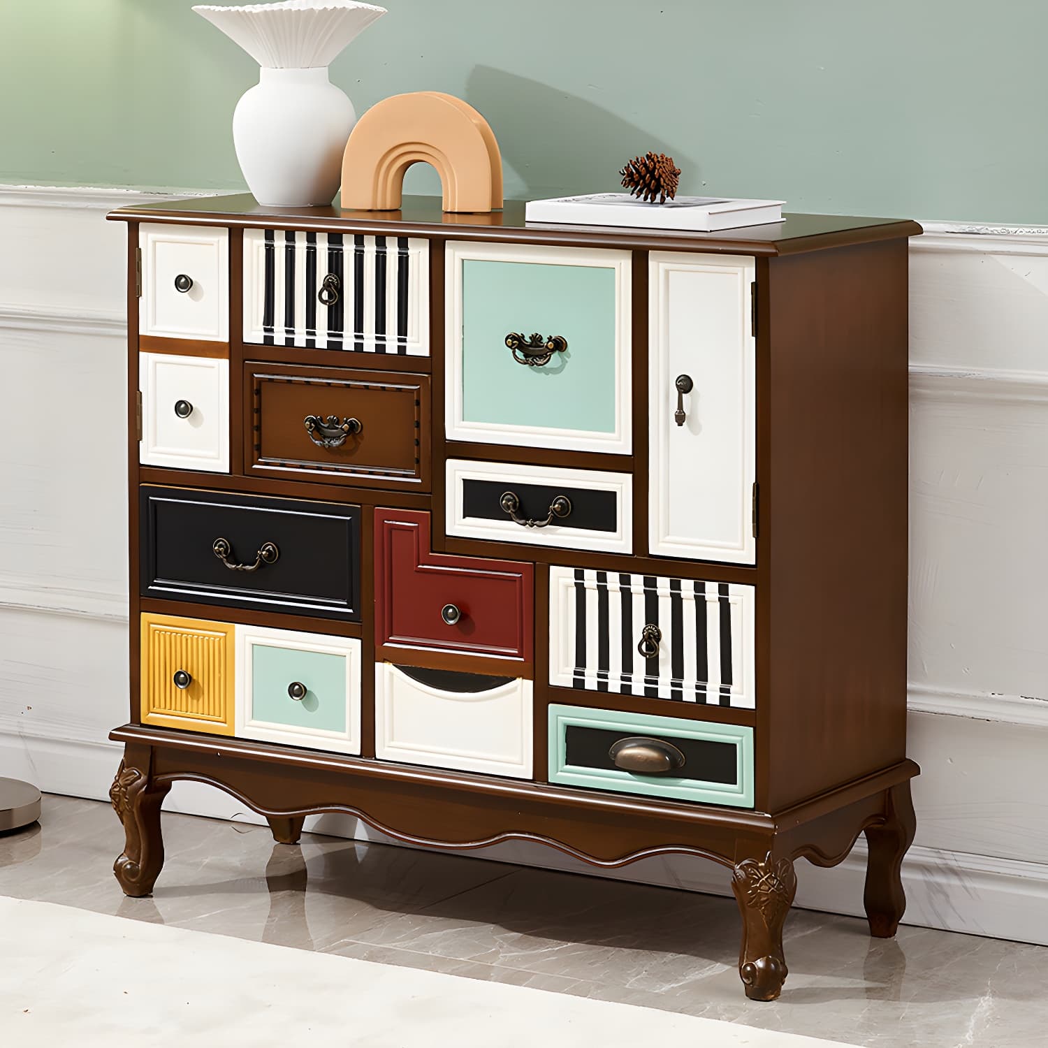 Industrial Painted Accent Cabinet with Drawers Solid Wood Chest thumbnail 17
