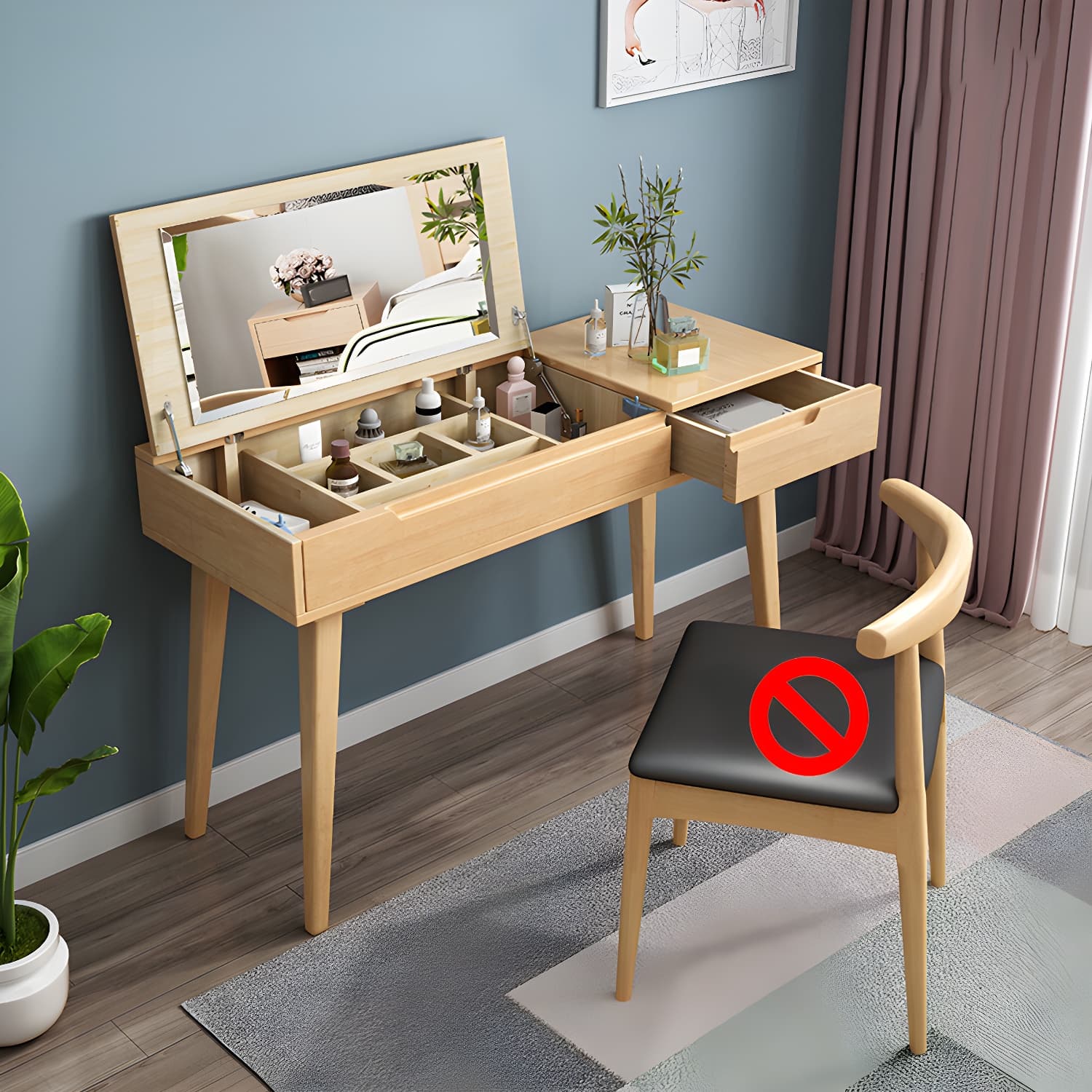 Scandinavian Solid Wood Vanity Makeup Table Set 1 Drawer Flip-Top Dressing Table thumbnail 13