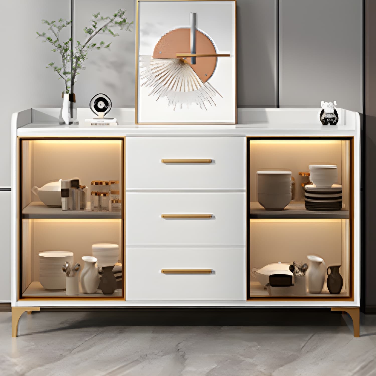 Glamorous Wood Buffet Sideboard with Glass Doors and Open Storage thumbnail 8