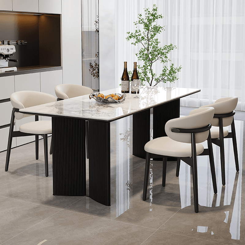 Dining Table Set with Rectangular Slate Stone Top and Two-sided Pedestal, Featuring Padded Chair with Back, 5-piece in White thumbnail 3