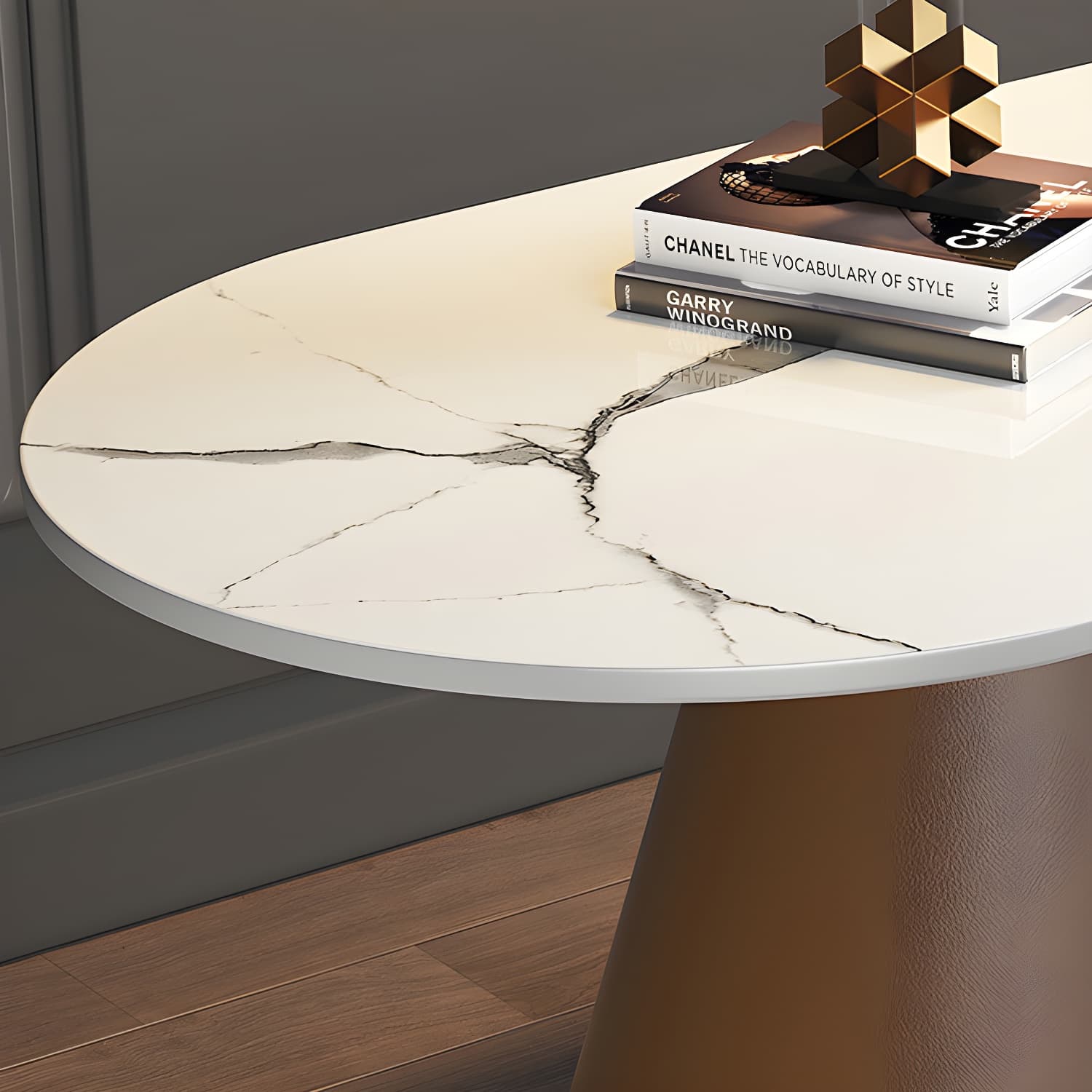 Glam Oval Stone Coffee Table with Pedestal Chrome Base - Scratch Resistant thumbnail 10