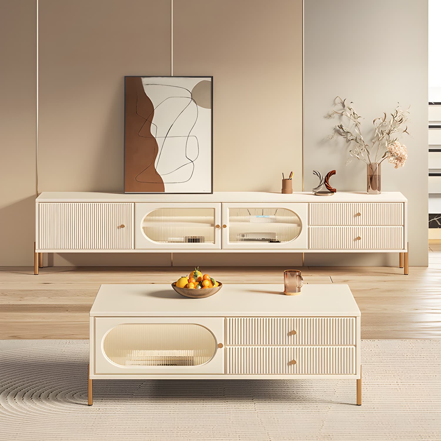White Cable Management TV Console Modern Engineered Wood Media Console thumbnail 3