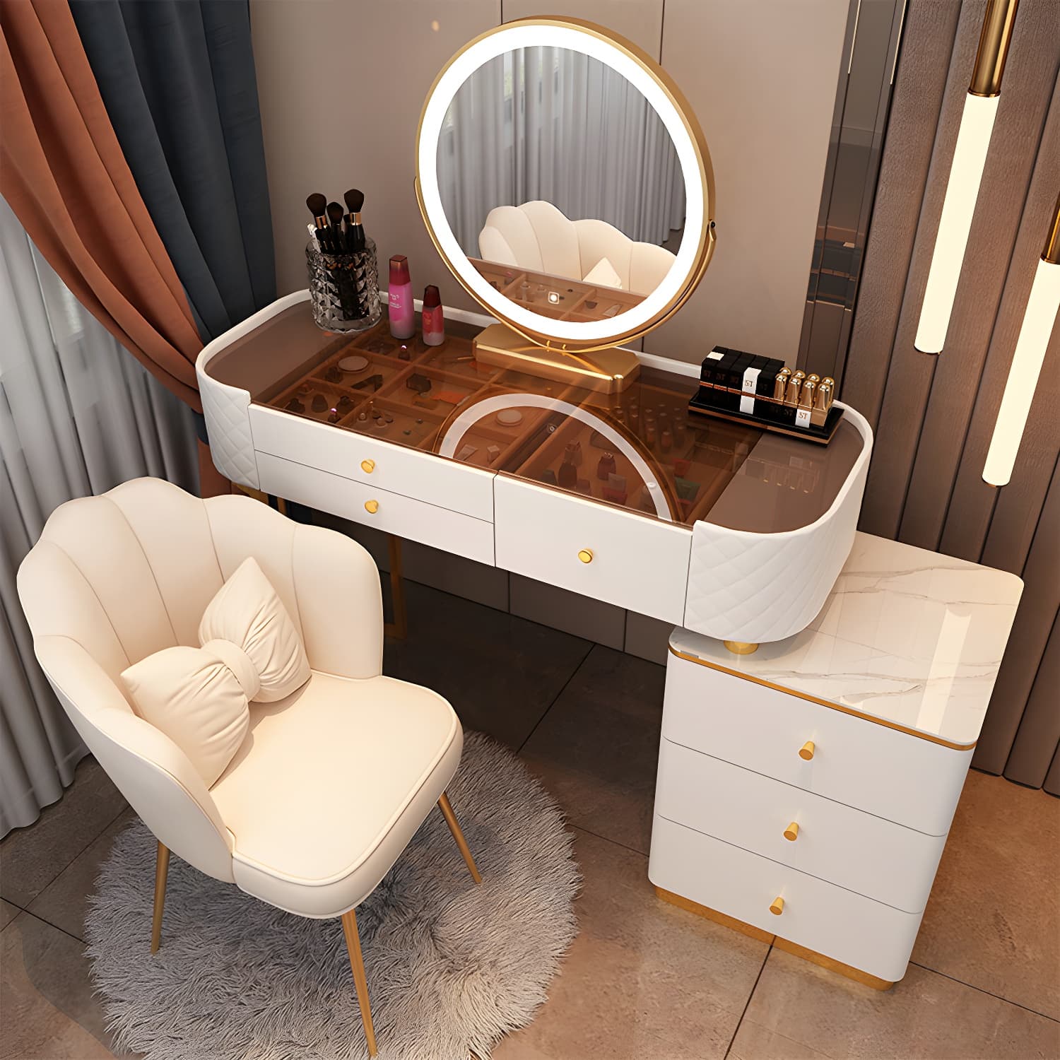 Lighted Mirror & Jewelry Makeup Vanity Metal Dressing Table Stool Set thumbnail 9
