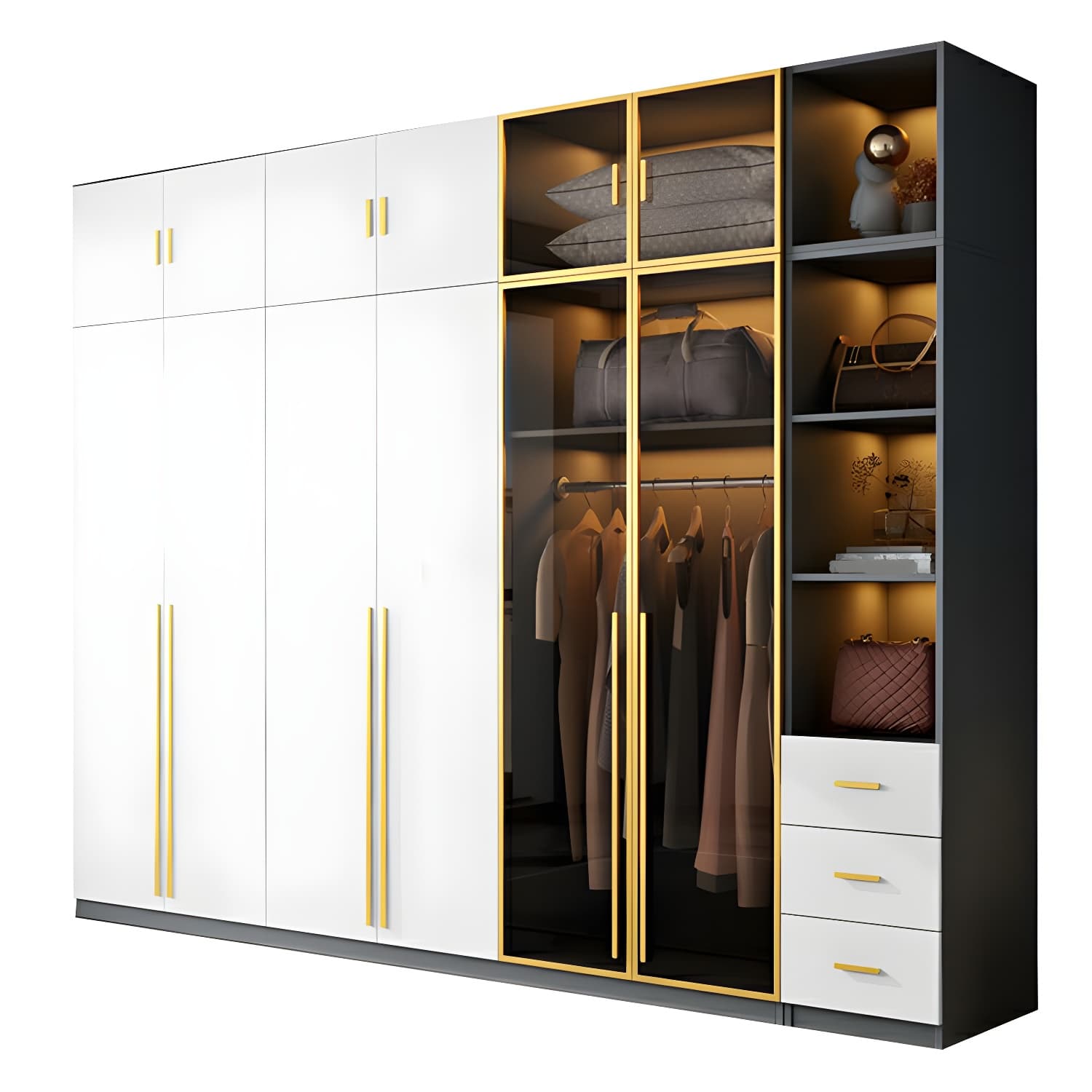 Contemporary Color Block Glass Doors Combination Armoire with Shelves Storage thumbnail 5