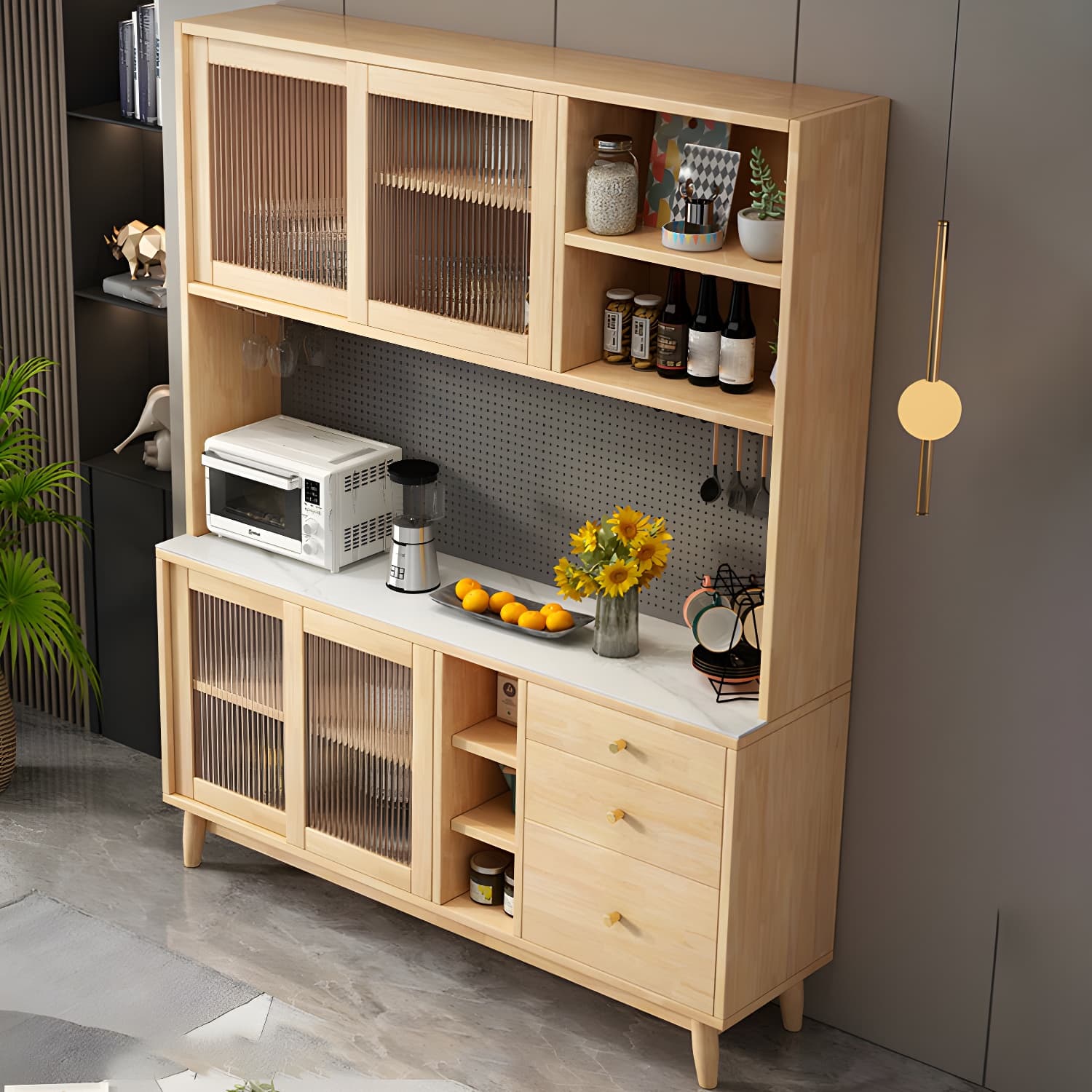 Modern Style Solid Wood Storage Sideboard Cabinet with Glass Doors and Drawers thumbnail 6