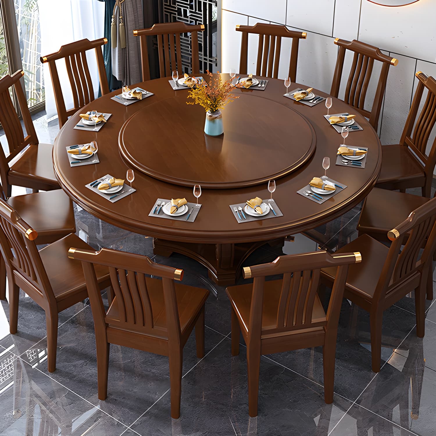 Round Solid Wood Dining Table Modern Turntable Furniture with Pedestal Base thumbnail 16