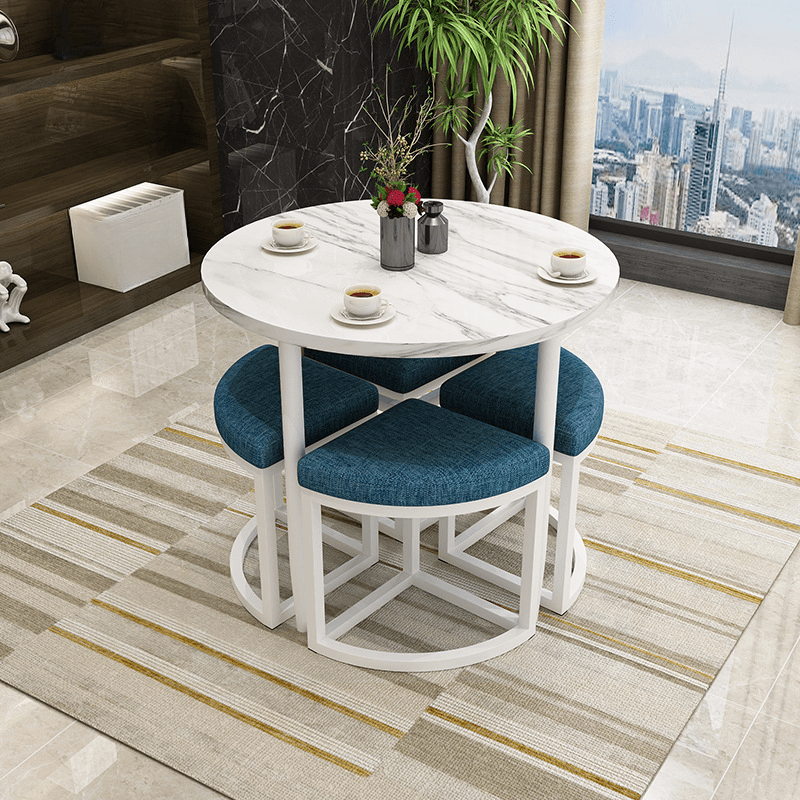 Reclaimed Wood Round Dining Table Set with Metal Toboggan Base and Upholstered Backless Chairs for 4 People thumbnail 38