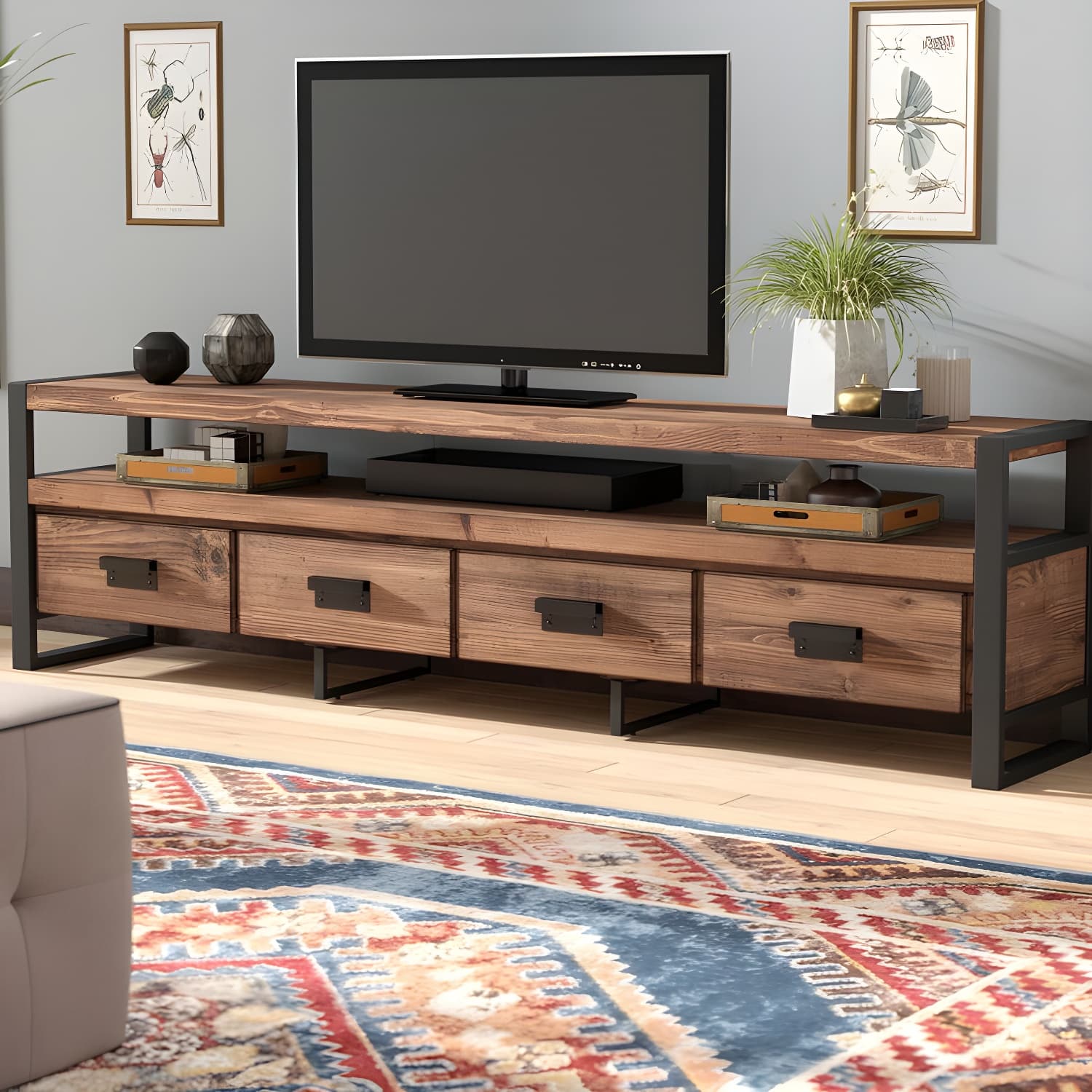 Industrial Wood TV Stand Console Open Storage TV Media Stand with Drawers for Living Room thumbnail 2
