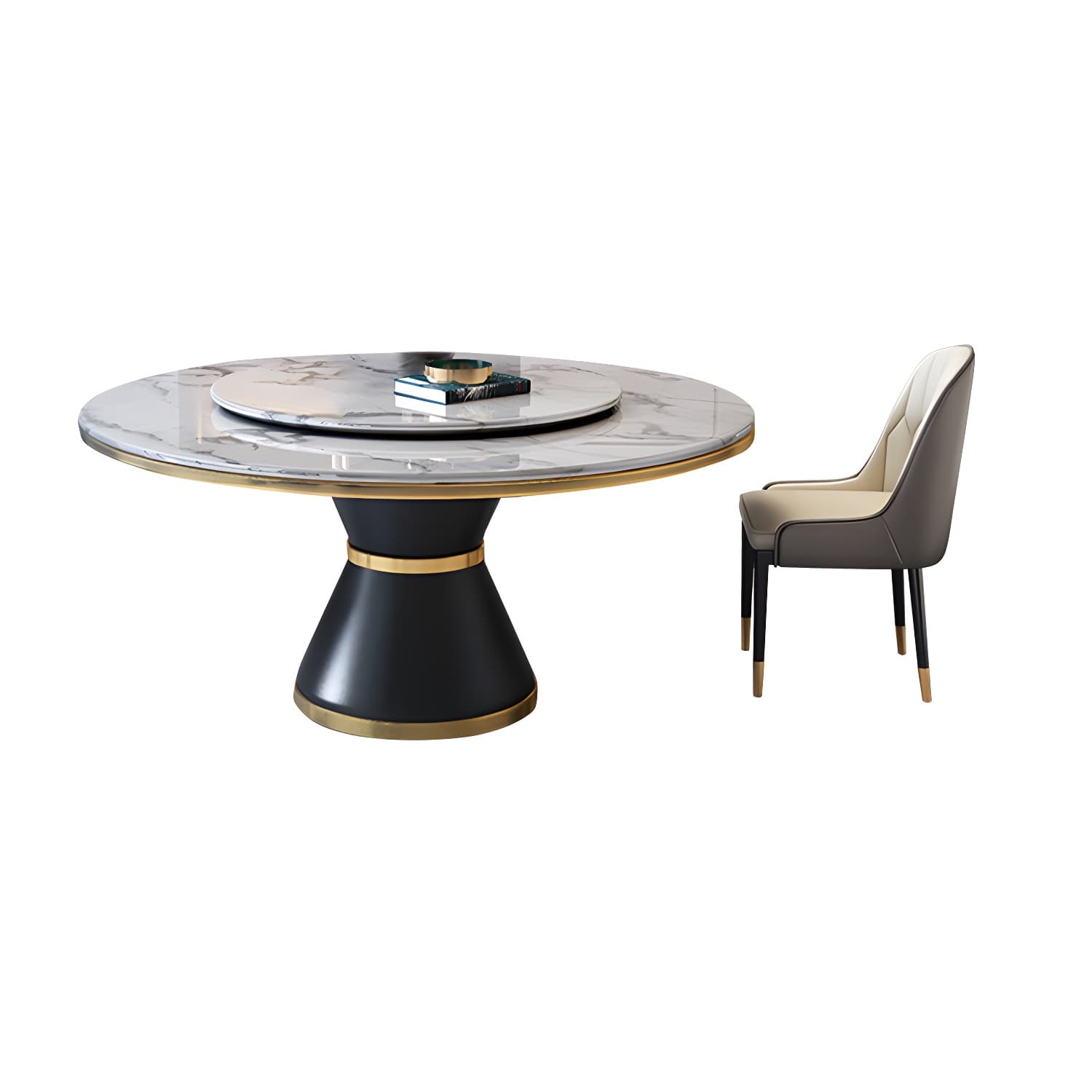Glam Round Stone Dining Set in White - Fixed Table with Black Metal Pedestal Base thumbnail 6