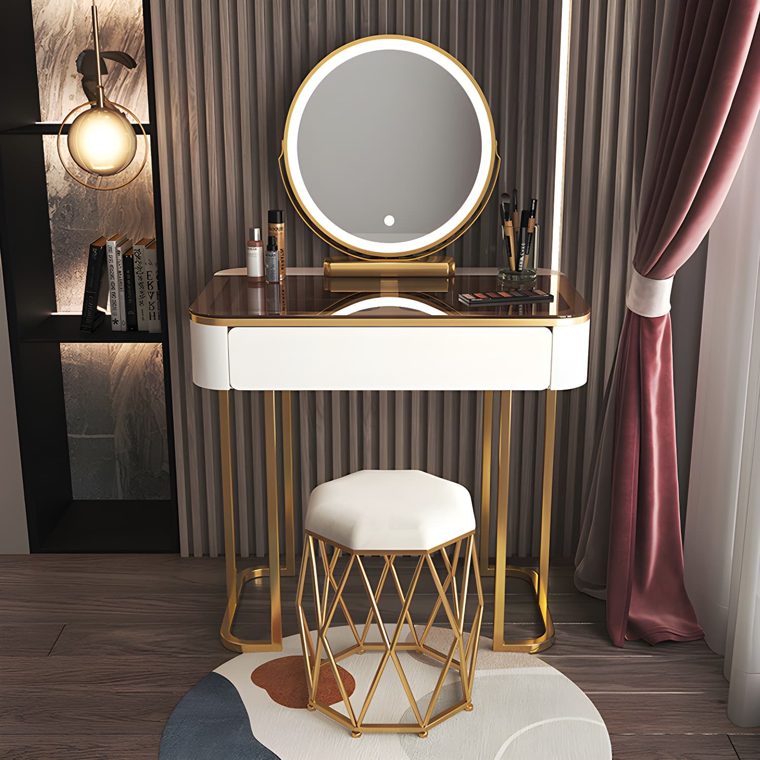 Glass Top Make-up Vanity Wood Dressing Table with Storage Drawers thumbnail 12