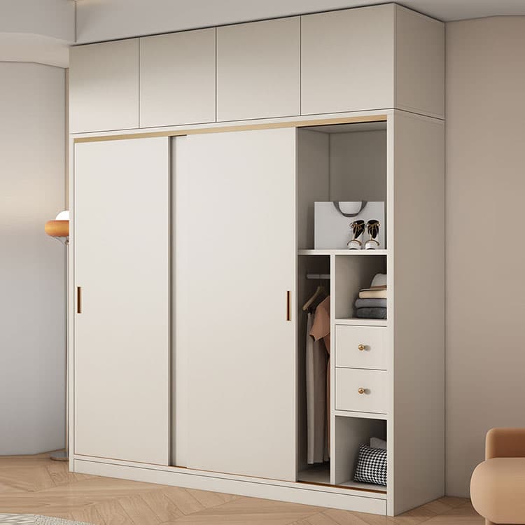 Modern White Wood Wardrobe Armoire with Sliding Doors and Soft Close Drawers thumbnail 4