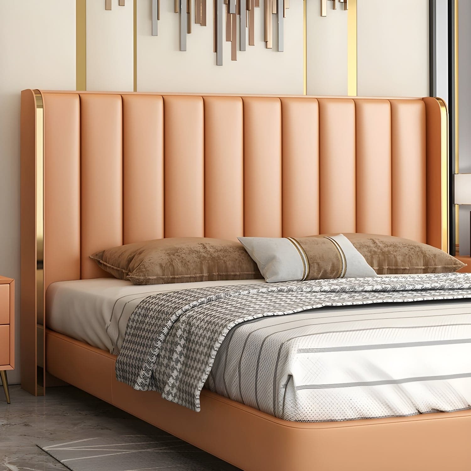 Modern Upholstered Leather Wingback Headboard with Wood Legs and Rectangular Shape thumbnail 6