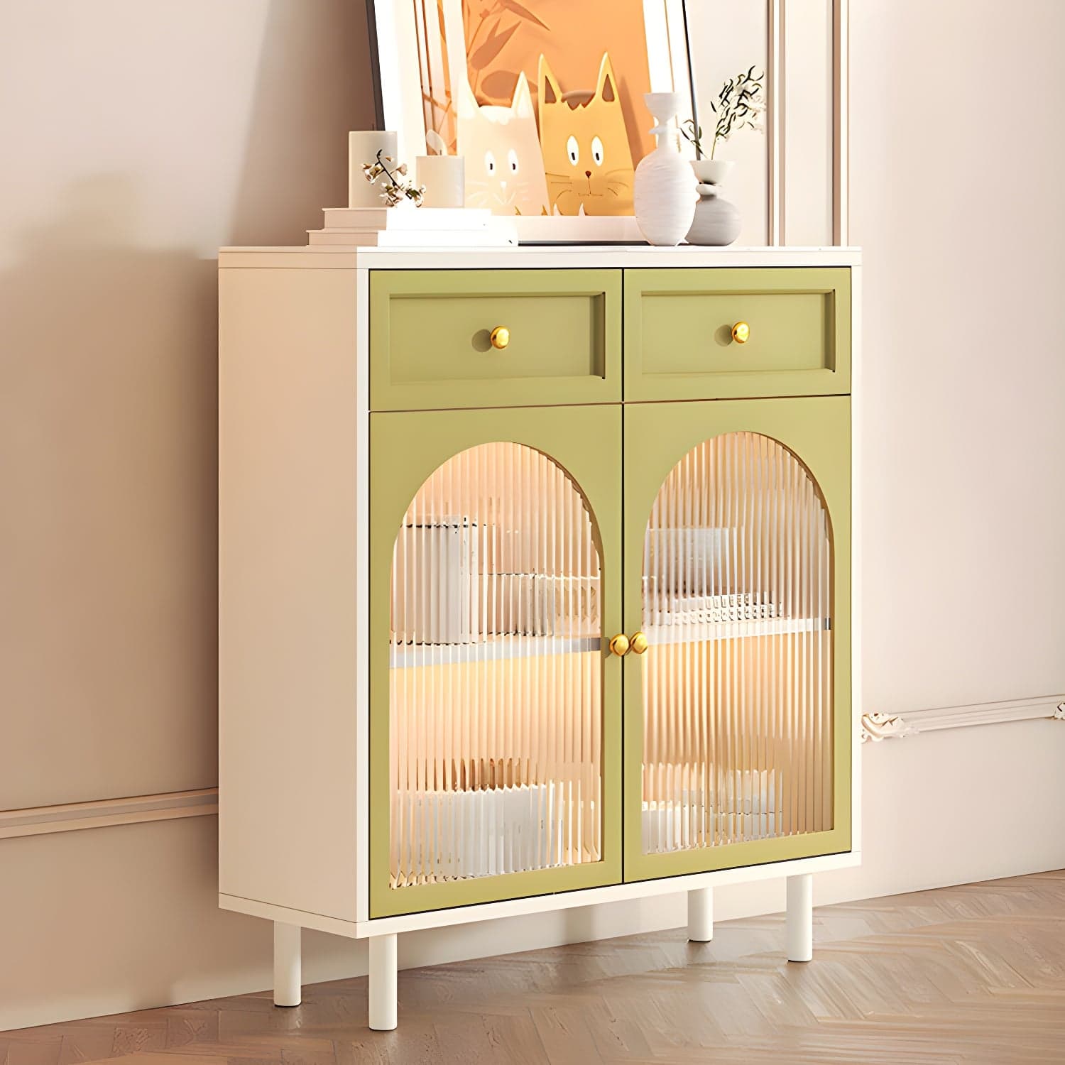 Scandinavian Wood Buffet Sideboard with Stone Countertop and Glass Doors thumbnail 1