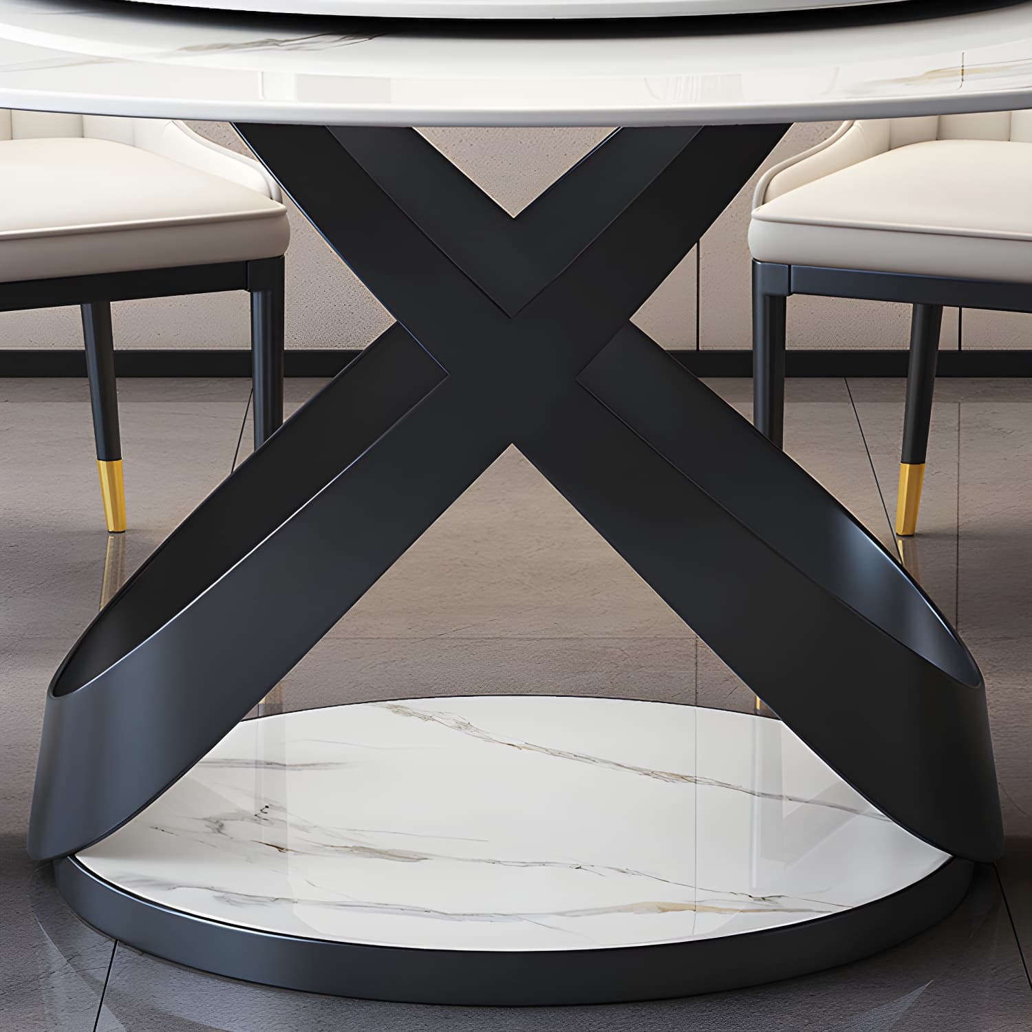 Modern Round Stone Top Lazy Susan Dining Table with Black Steel Pedestal thumbnail 11