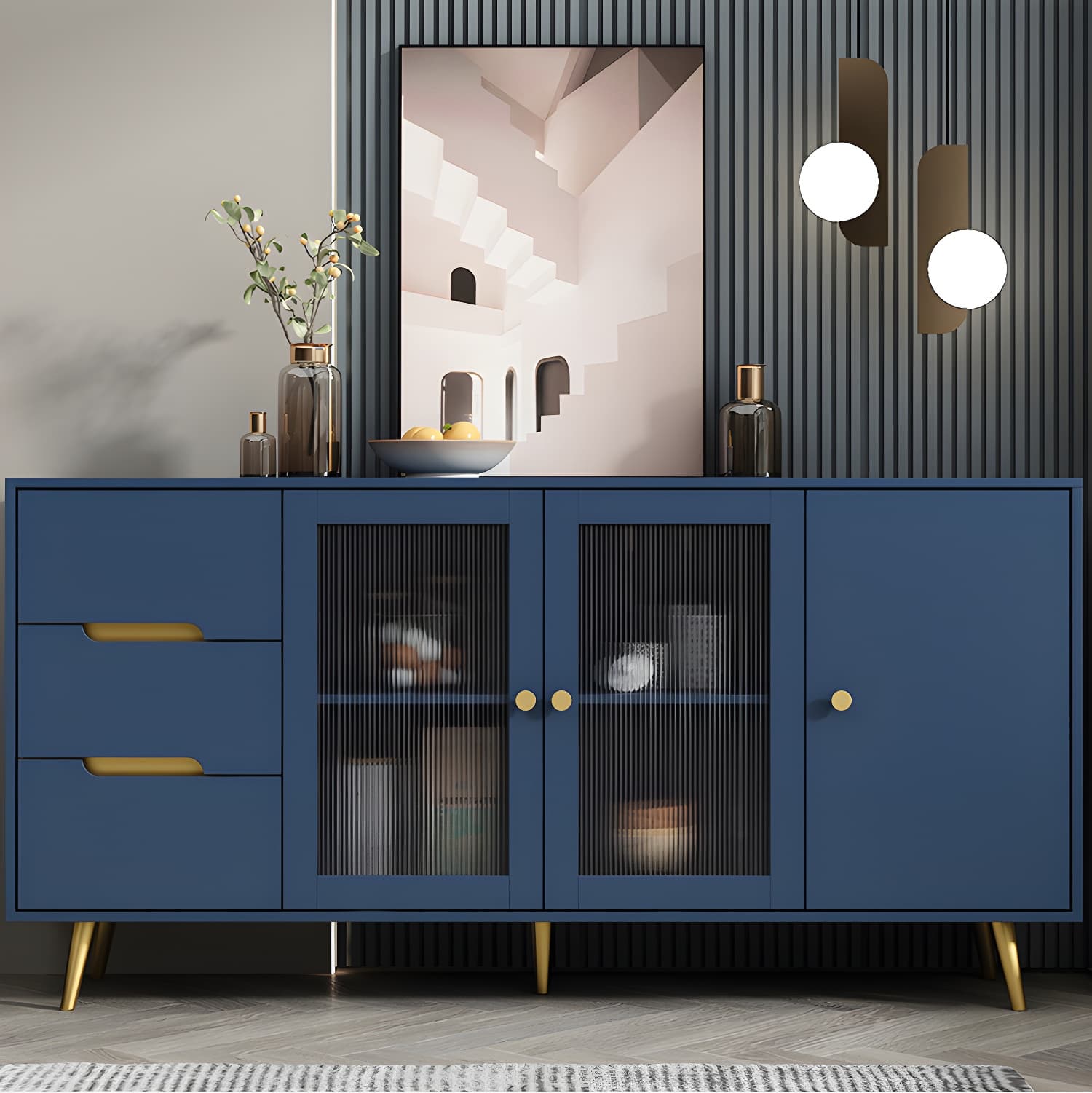 3-Drawer Engineered Wood Sideboard Modern Glass Doors Cabinets Credenza for Living Room thumbnail 15