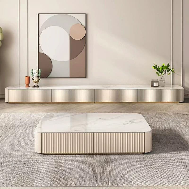 White Modern TV Stand with Low Height, Stone Material & Drawers for Full Assembly thumbnail 1