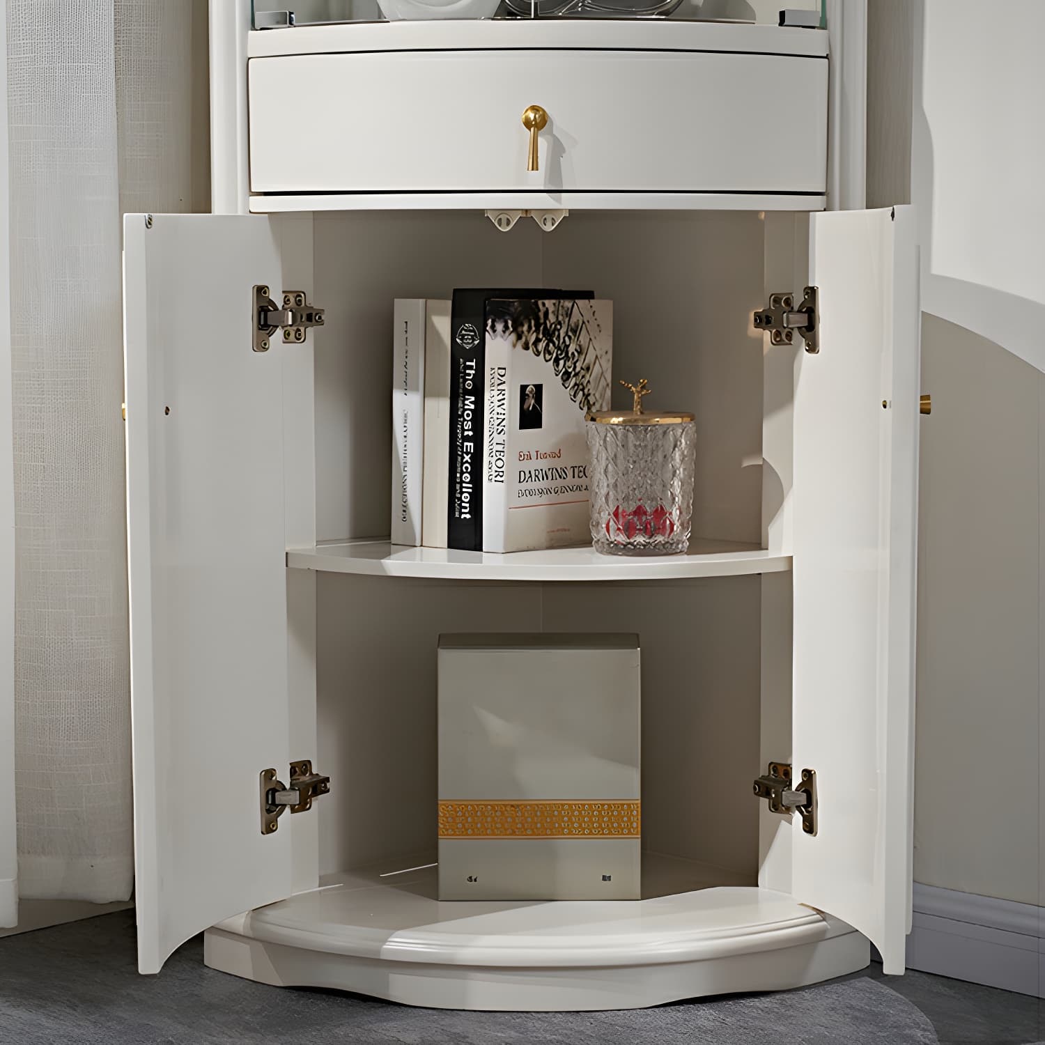 Corner Mid-Century Modern Accent Cabinet with Wood Countertop, Glass Doors, and Drawers Included thumbnail 10