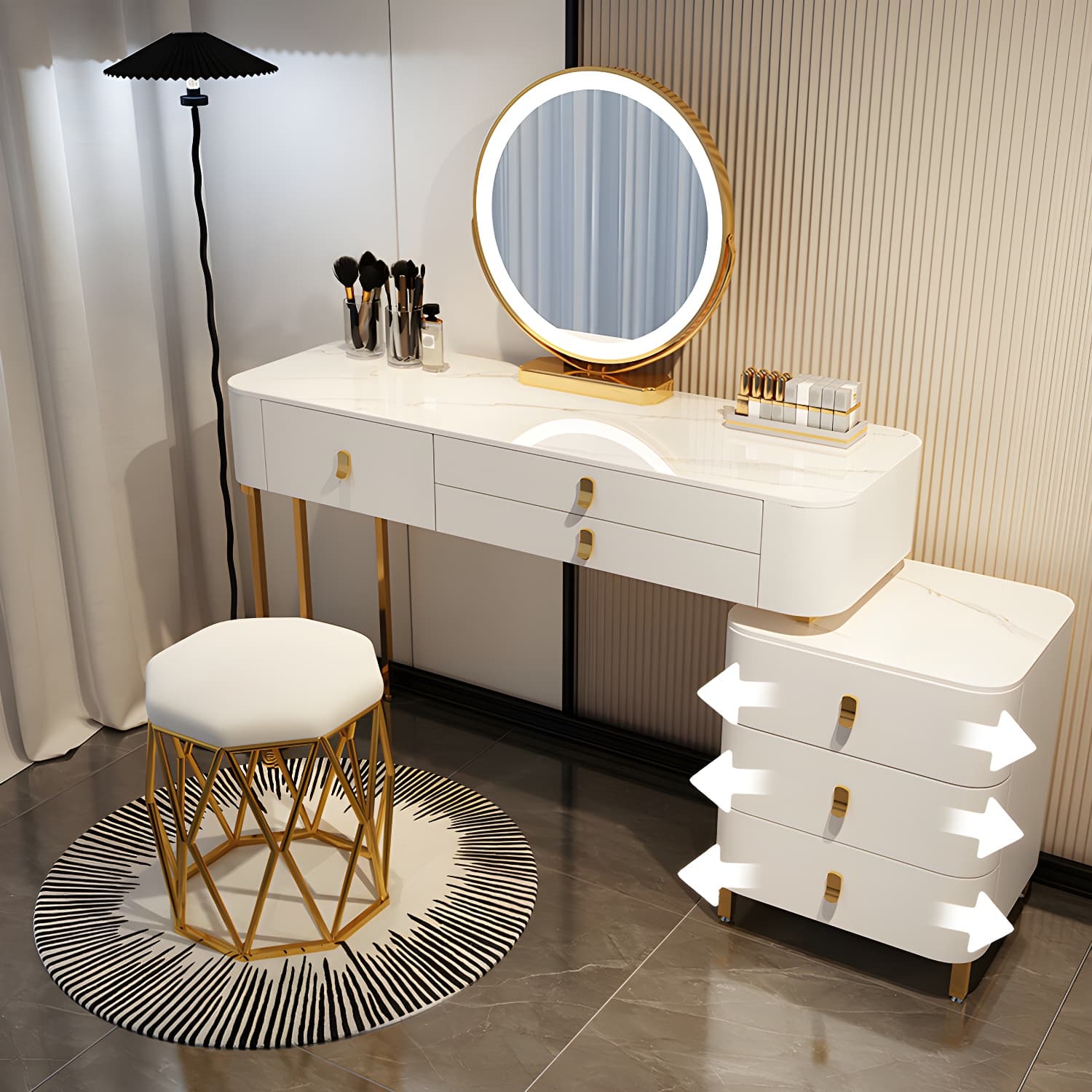 Contemporary Make-up Vanity with Stone Top and Storage Drawers thumbnail 7