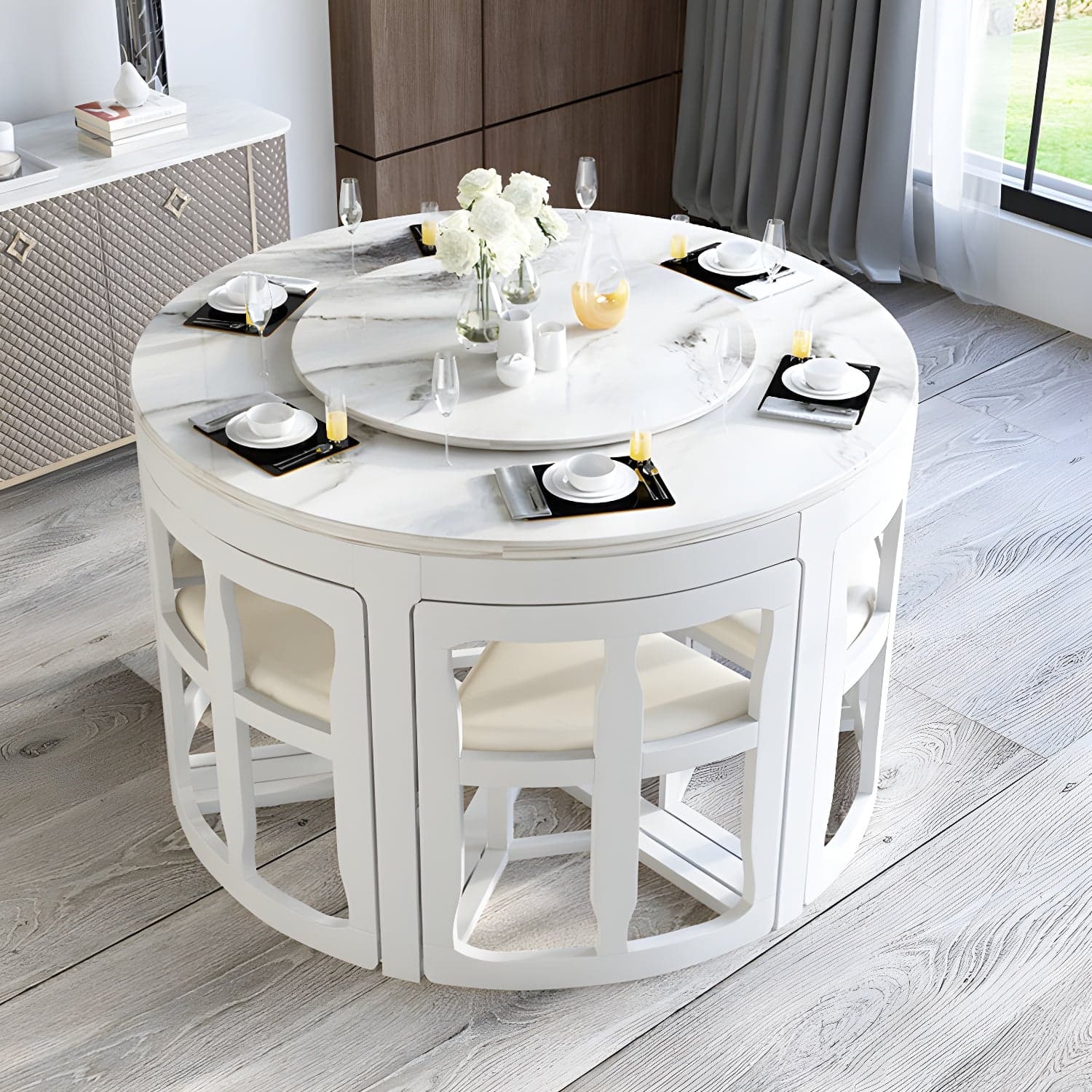 7-Piece Modern Wood Dining Set with Trestle Base and Upholstered Chairs in White - Seats 6 thumbnail 4