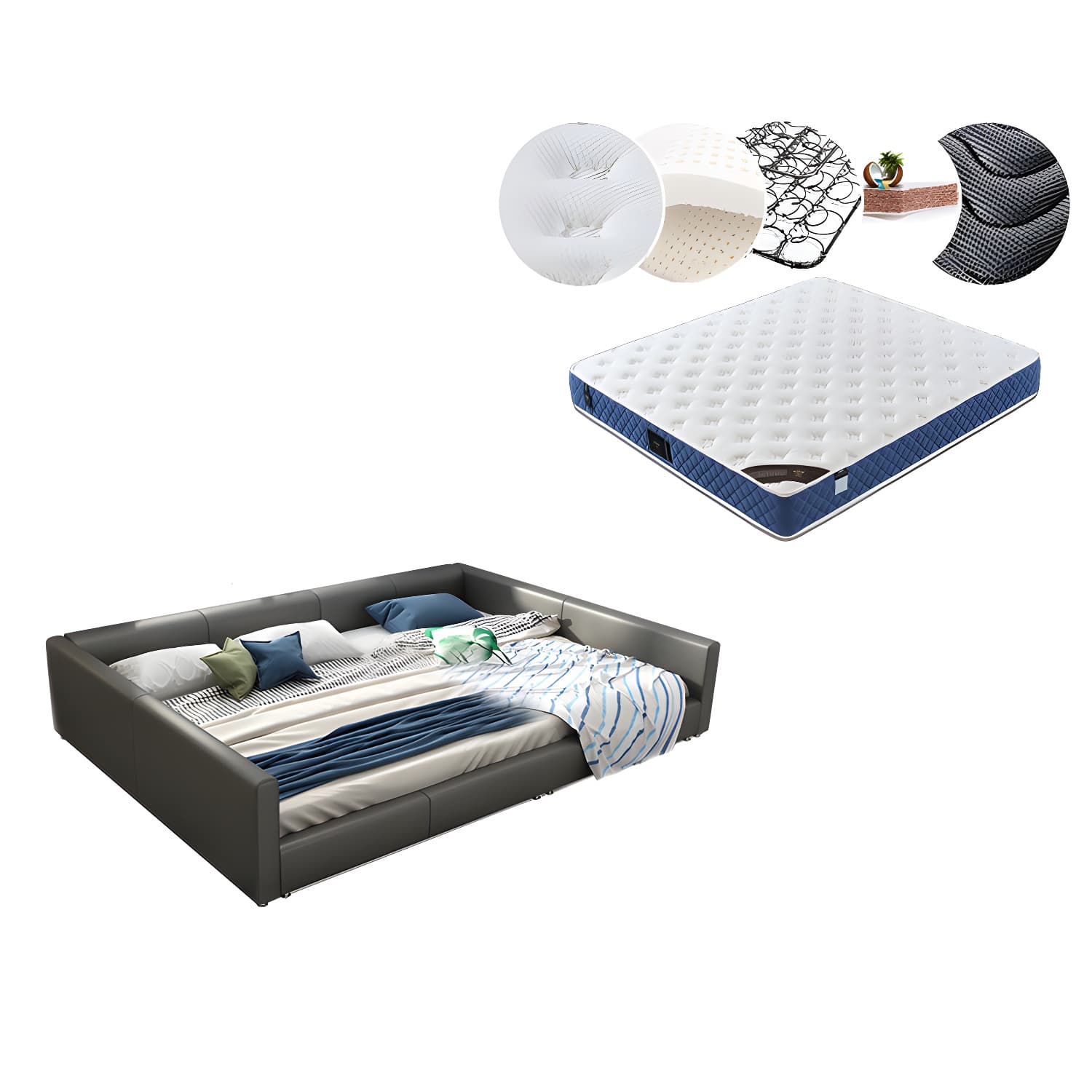 Contemporary Grey Genuine Leather and Wood Standard Bed for Bedroom thumbnail 8