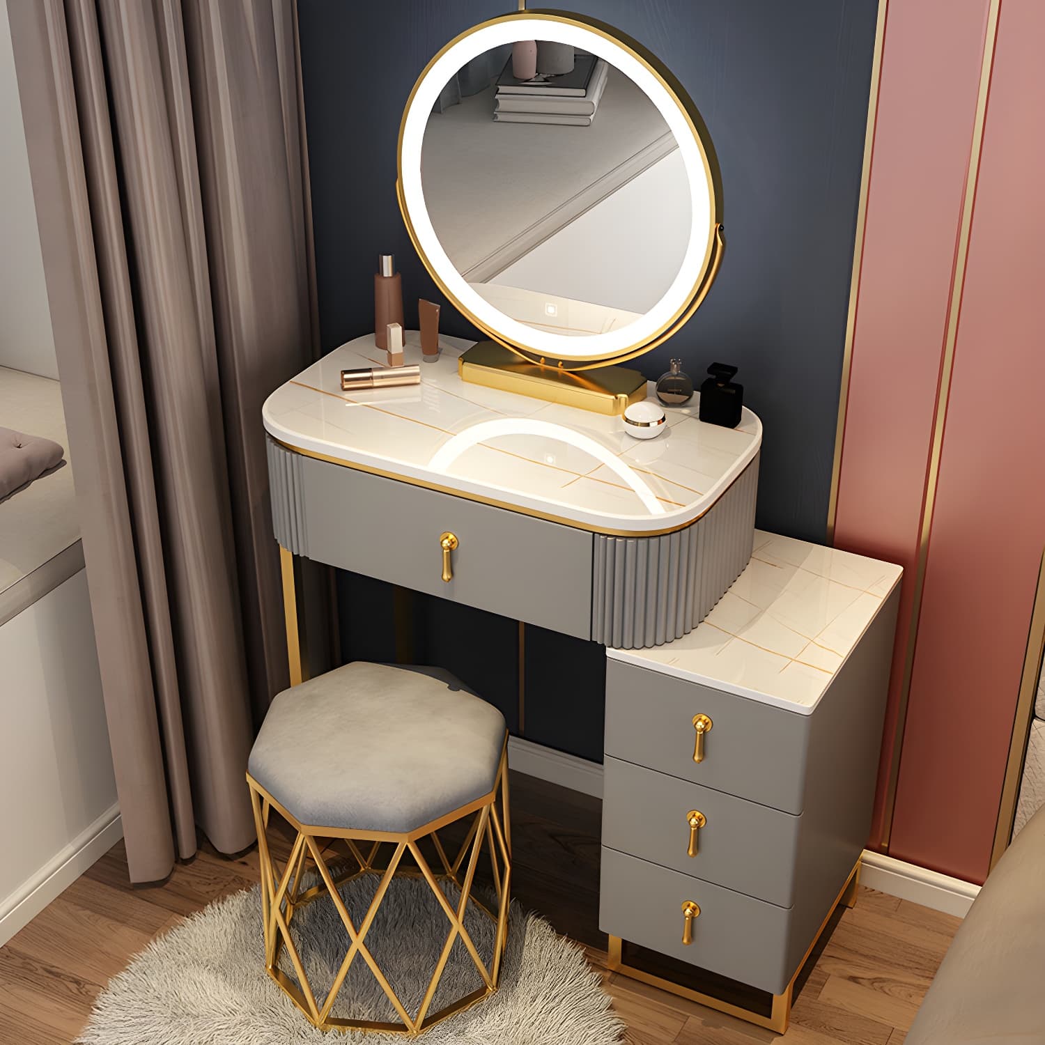 Lighted Mirror Makeup Vanity Desk with 4 Drawers Glam Makeup Vanity Set thumbnail 5