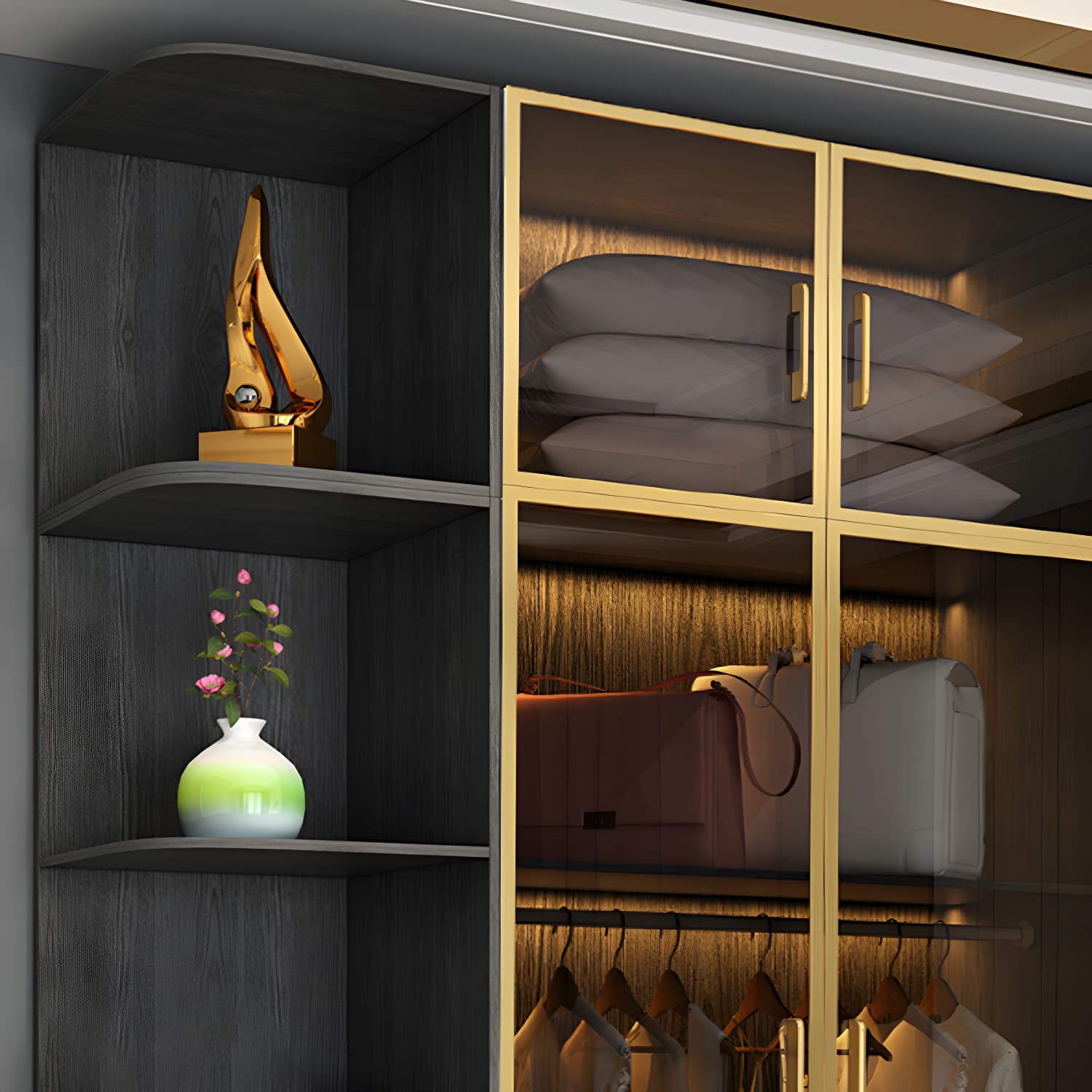 Modern Tempered Glass Doors Wardrobe Wood Frame Wardrobe without Light thumbnail 8