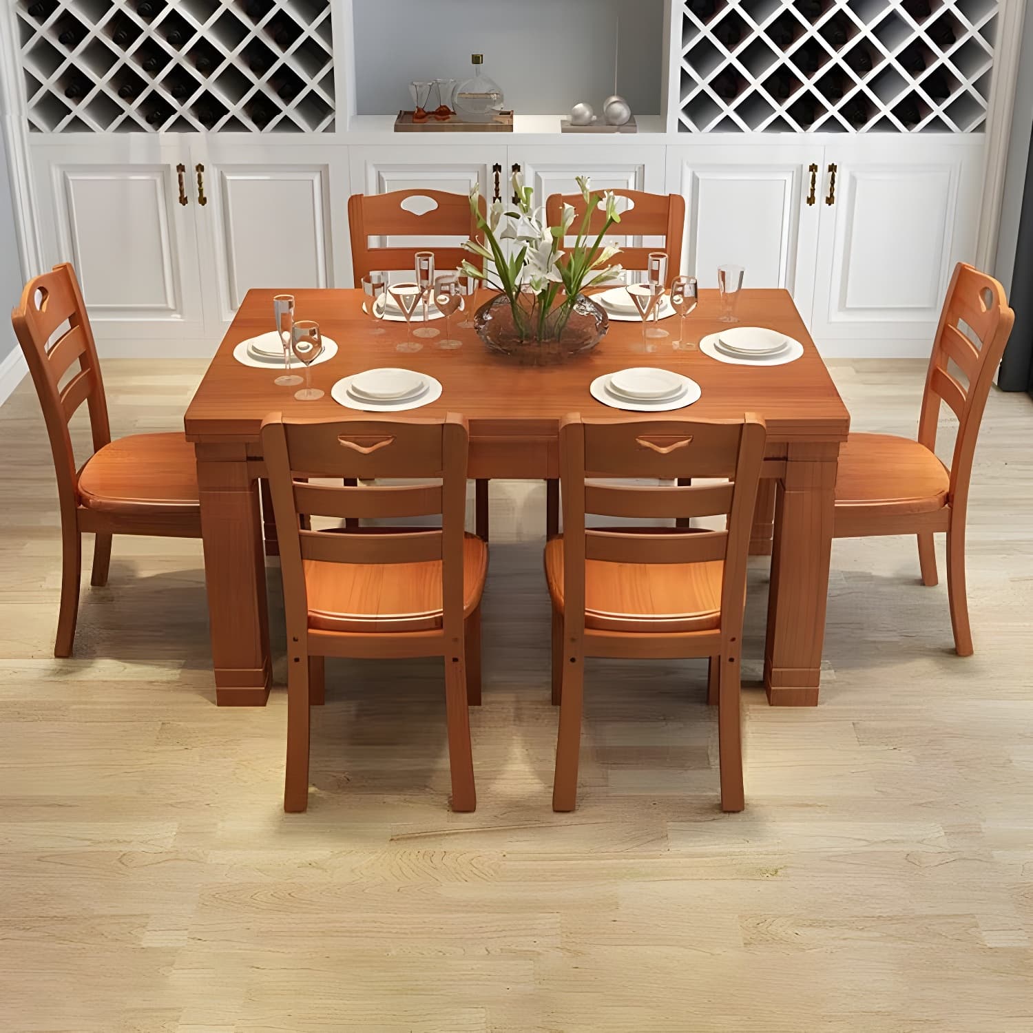 7-Piece Modern Wood Dining Set with Solid Wood Features and Seating for 6 thumbnail 7