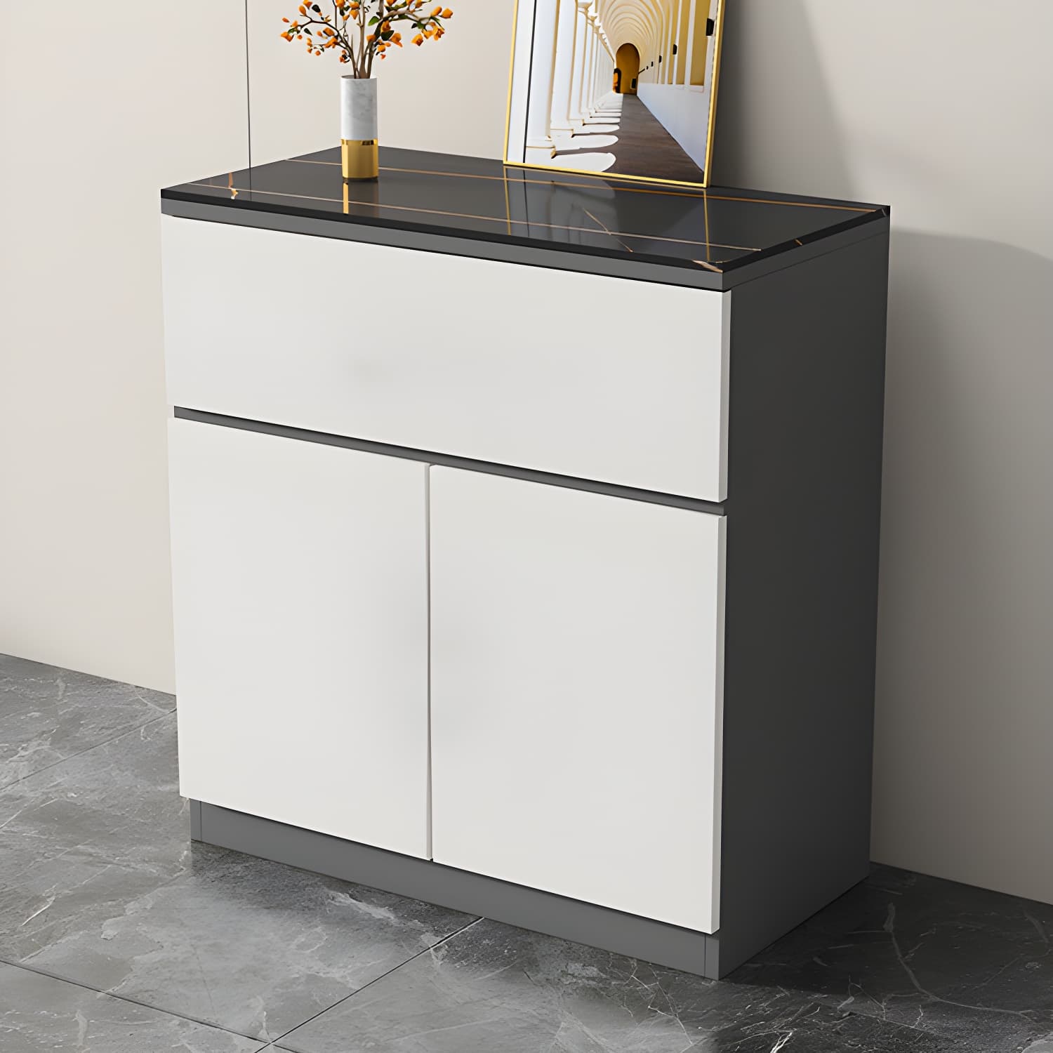 Contemporary Stone Top Sideboard Cabinet with Drawer and Door