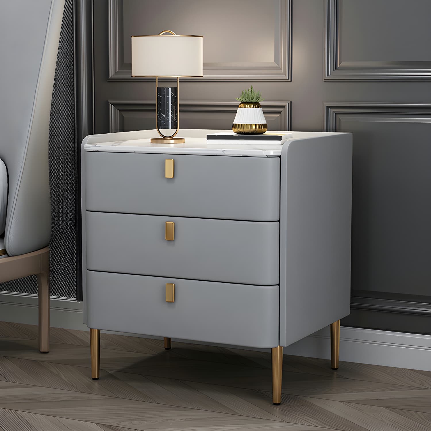 Glam Style Sintered Stone Top Drawer Storage Nightstand for Bedroom thumbnail 14