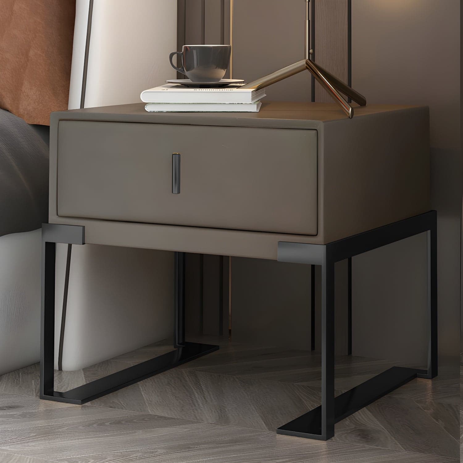Faux Leather Nightstand 1-Drawer 21 Inch Tall Modern Legs Included Night Table thumbnail 6