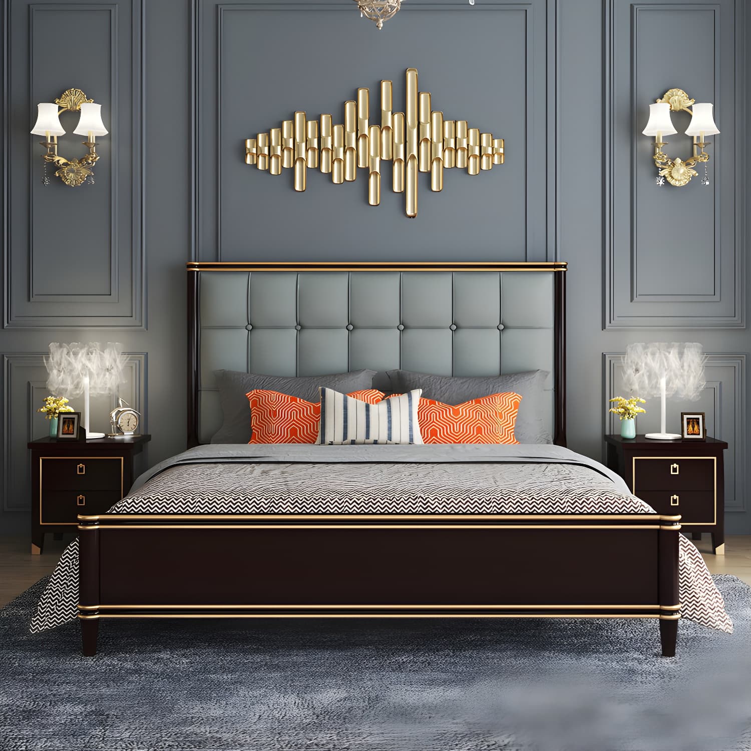 Modern Standard Bed with Tufted Upholstered Headboard and Soild Wood Legs thumbnail 2