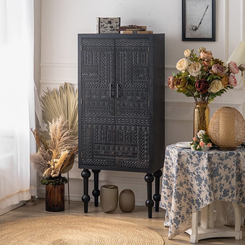 Modern Black Wood Console Cabinet with Cubby Storage and Wood Scoring & Rub Through Detailings thumbnail 3